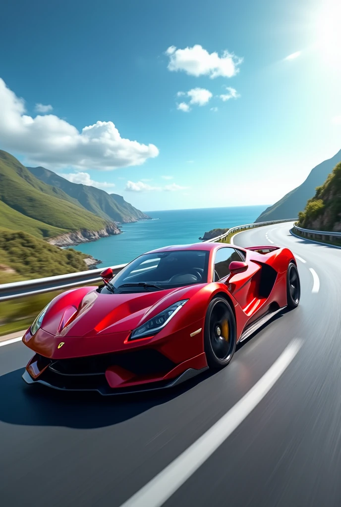 Create a hyper-realistic image of a luxury sports car moving at high speed. The car should be sleek and aerodynamic, painted in a vibrant metallic red color that gleams under the sunlight. Place the car on a winding coastal road with a stunning ocean view on one side and lush green hills on the other. Include slight motion blur on the wheels and the road to emphasize speed. The sky should be clear blue with a few scattered clouds, creating a dynamic and exhilarating atmosphere.