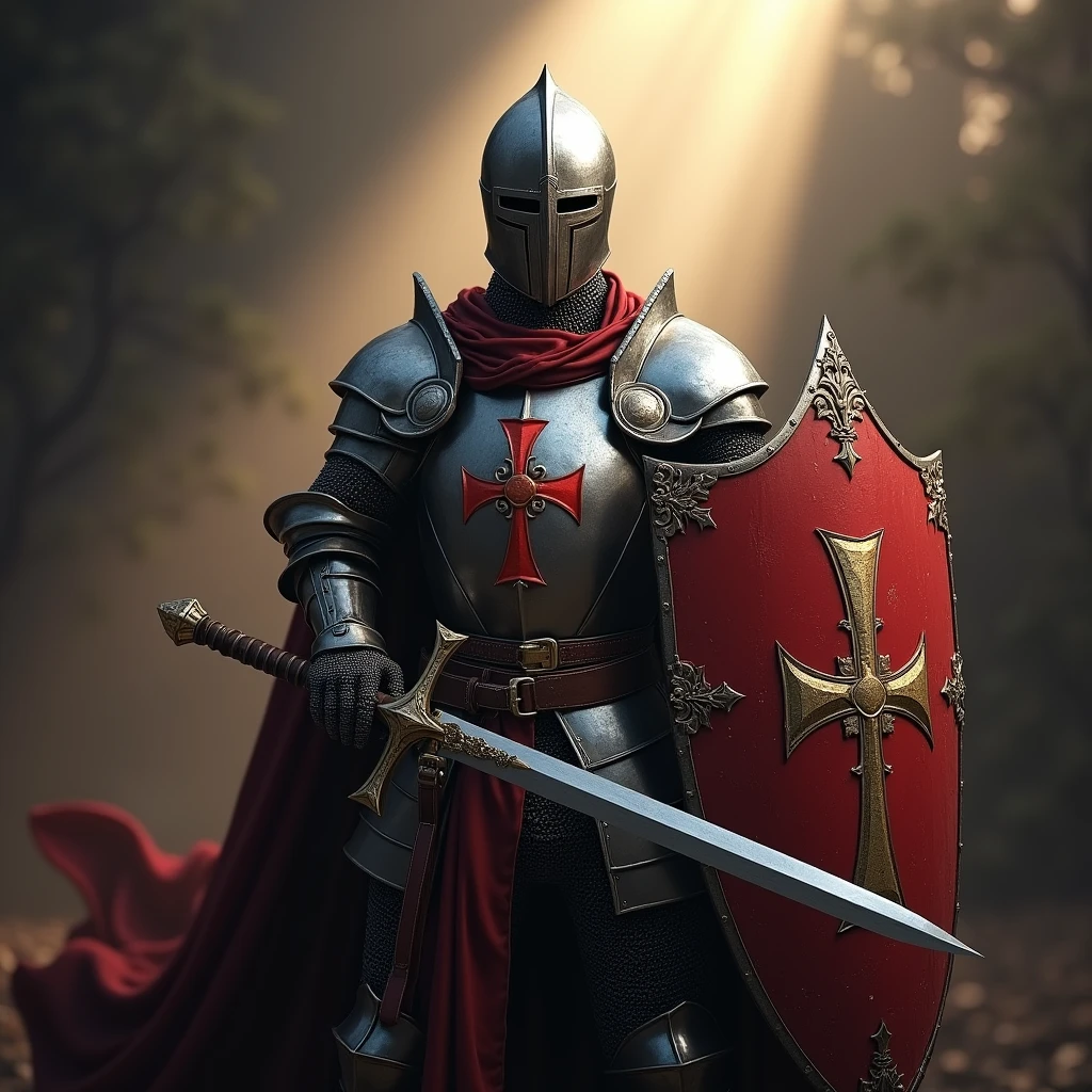 Templar knight in full armor with sword and shield, Very detailed, 8k, Global Illumination, Wide-angle, God's Rays,Full Body Shot.