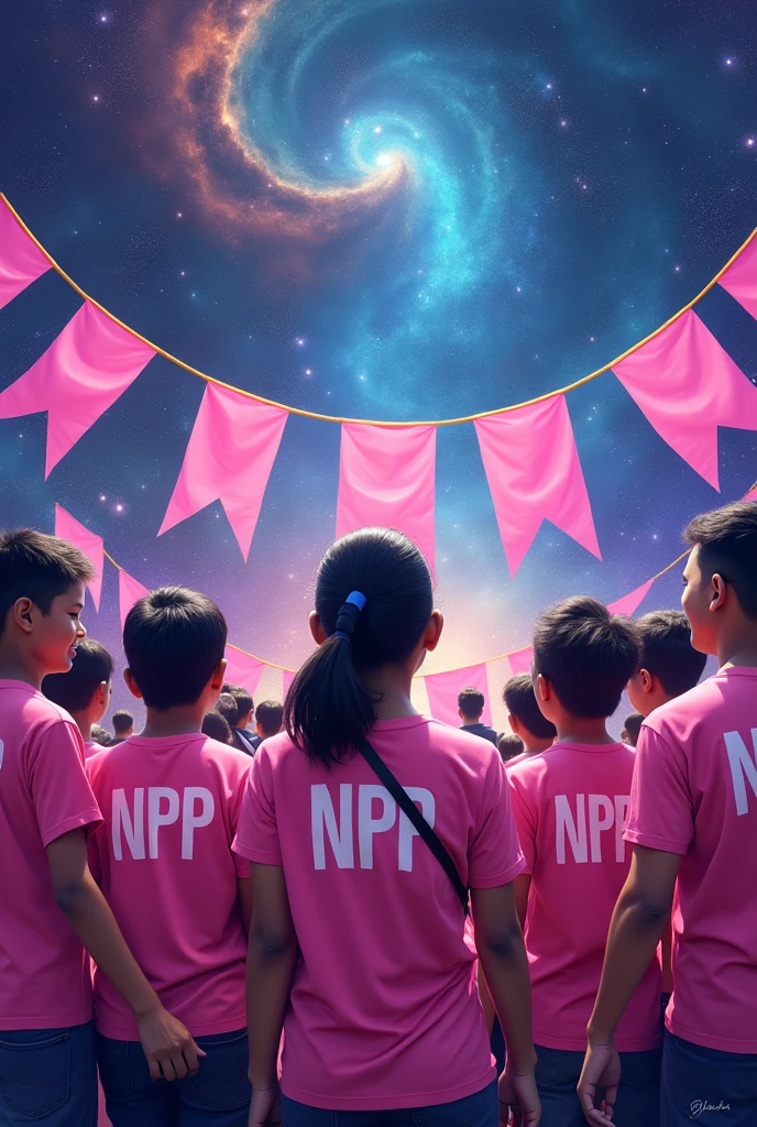 Word "Npp WIN" Sri Lankan people with NPP printed pink color t shirt, pink color 5 bunting strips in universe 