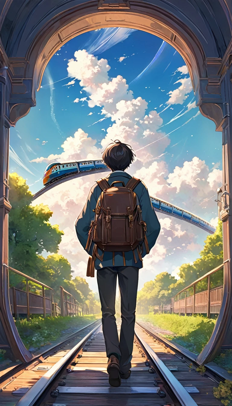 a man in a backpack looking at a train in the sky, in the style of charming anime characters, nostalgic realism, elaborate landscapes, zeen chin, wlop, enchanting, prairiecore --ar 3:2 --niji 6