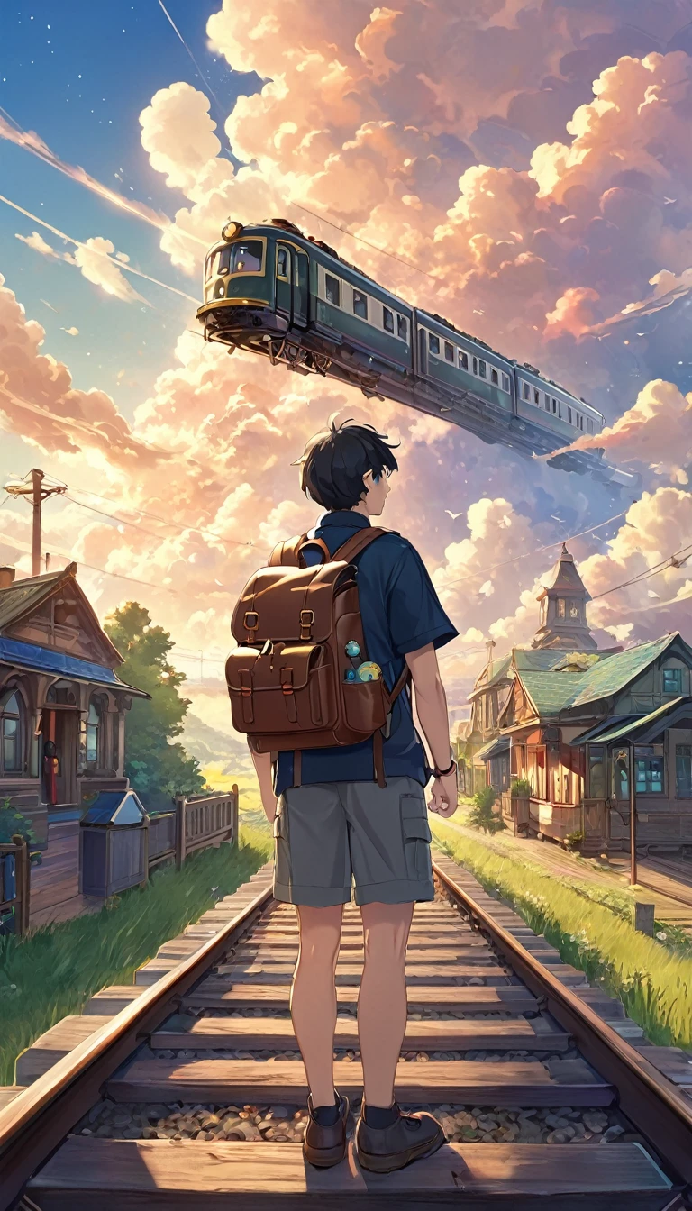 a man in a backpack looking at a train in the sky, in the style of charming anime characters, nostalgic realism, elaborate landscapes, zeen chin, wlop, enchanting, prairiecore --ar 3:2 --niji 6