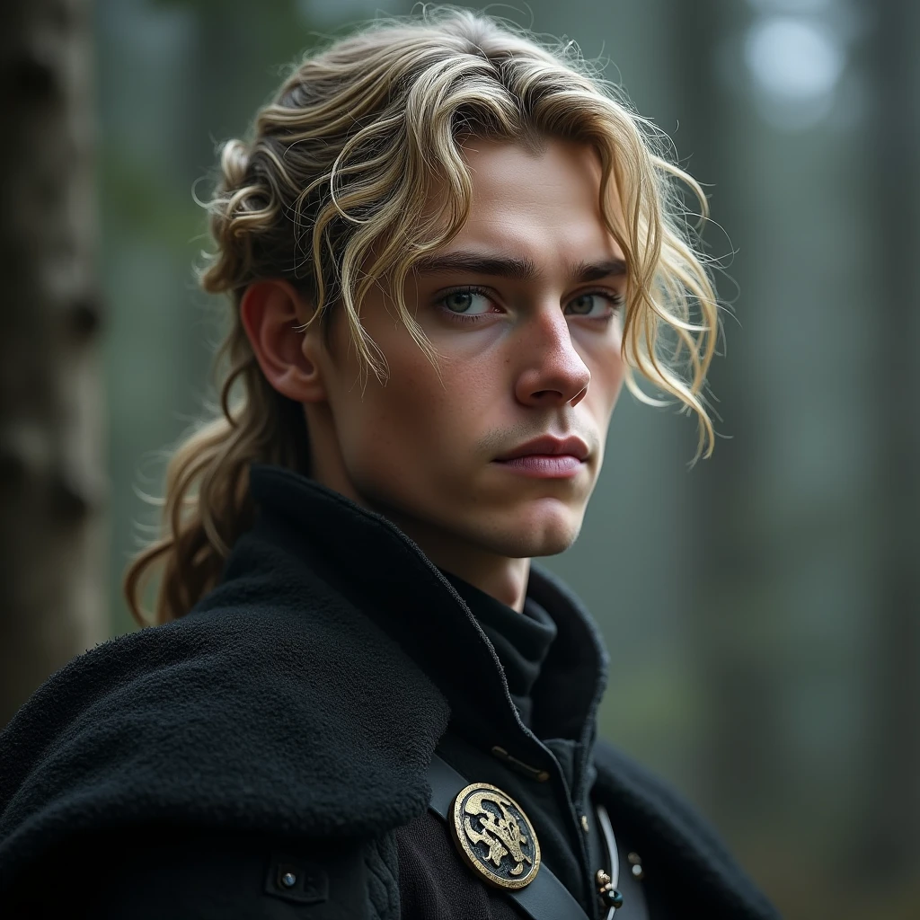 Make the IMAGE MORE REALISTIC in a fantasy style VERY REALISTIC of a very handsome 15-year-old ELVEN male, stark, Caucasian skin, dark blonde wavy hair, black eyes in war clothes 