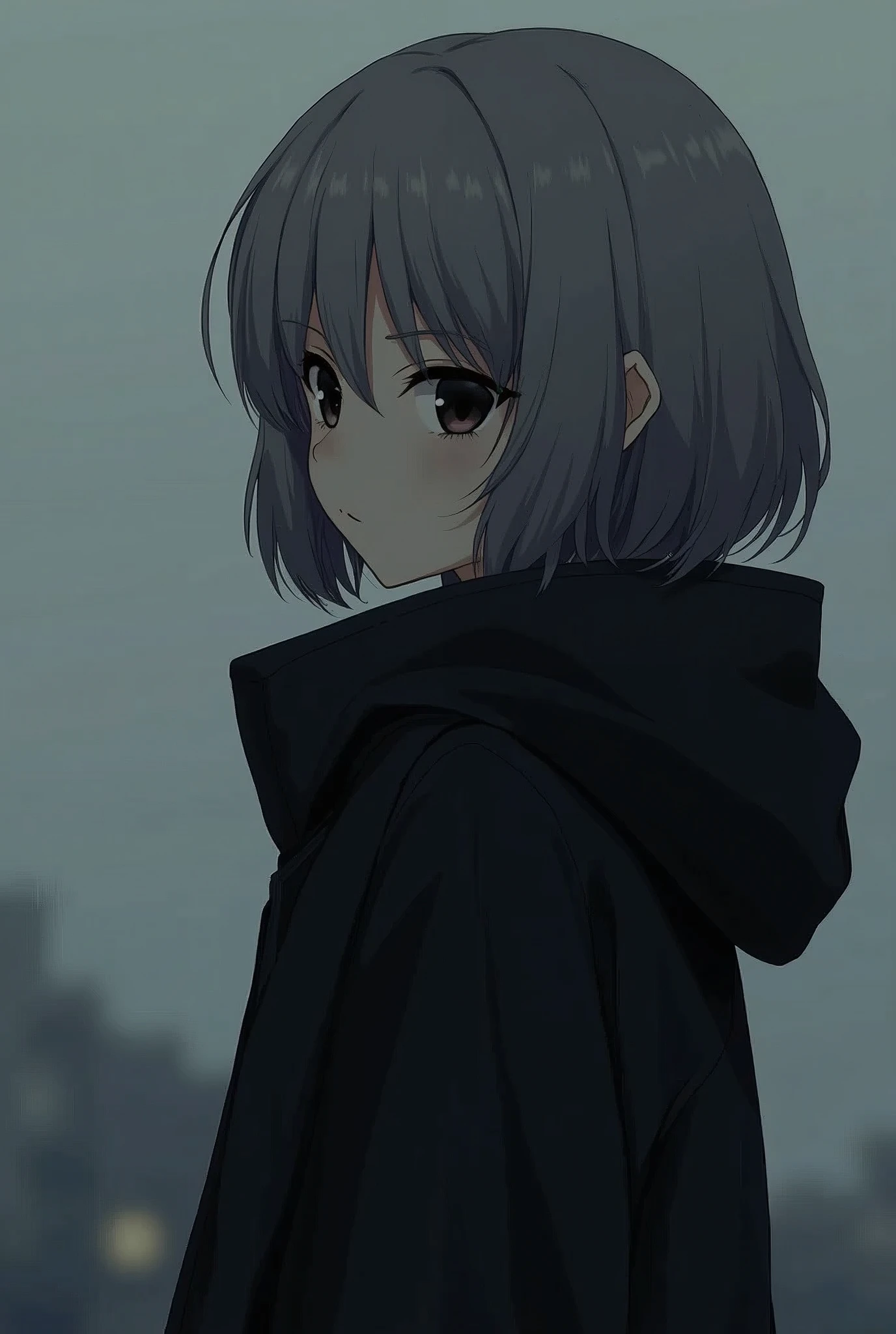 A gray-haired anime girl with black eyes is wearing a black hooded thick jacket. Her body is facing left, and her head is looking towards the front left.