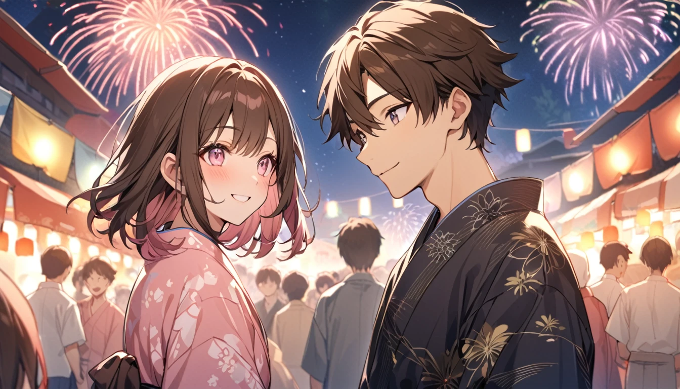 good looking, 2 high school students,Date,Medium Hair, Dark brown hair, Pink highlights on the tip, Pale pink eyes,Smile Facial,yukata,Fireworks in the night sky,festival,Meeting