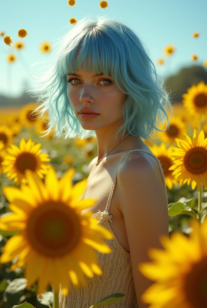 (masterpiece), (Highest quality), (Super detailed),(Disheveled Hair),(figure), (one person), (Fashionable clothes), Are standing, Fashion Model, smile、shy smile、View your viewers, (interview), (Simple Background),single eyelid、Beautiful attention to detail, Delicate and beautiful face, floating,(High saturation),(Colorful splashes),Vast sunflower fields,(The Shining), Lots of yellow sunflowers、Focus on the face, ponytail, kamisato ayaka, Light blue hair, bangs, Hair Ring, Floating Flowers, Floating hair, (The Shining), Best lighting, Best Shadow,Bold Pose,Wink