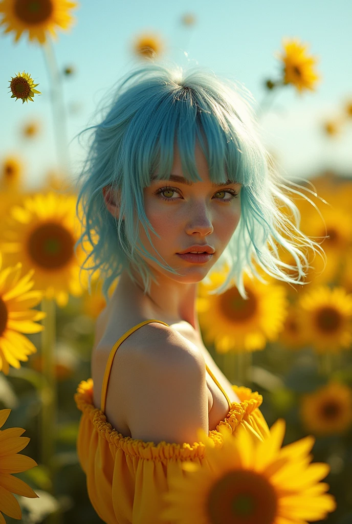(masterpiece), (Highest quality), (Super detailed),(Disheveled Hair),(figure), (one person), (Fashionable clothes), Are standing, Fashion Model, smile、shy smile、View your viewers, (interview), (Simple Background),single eyelid、Beautiful attention to detail, Delicate and beautiful face, floating,(High saturation),(Colorful splashes),Vast sunflower fields,(The Shining), Lots of yellow sunflowers、Focus on the face,  ponytail, kamisato ayaka, Light blue hair, bangs, Hair Ring, Floating Flowers, Floating hair, (The Shining), Best lighting, Best Shadow,Bold Pose,Wink