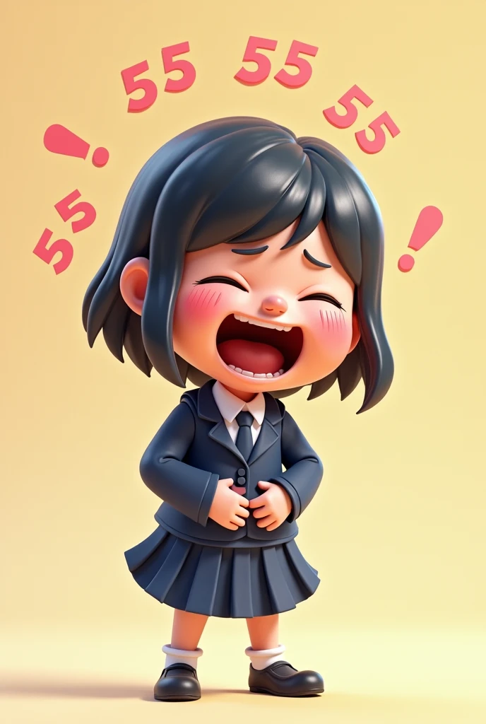 A cartoon girl in a dark blue school uniform with short sleeves and a short dark blue skirt is laughing hysterically, her hands clutching her stomach. There are 555s coming out of her. 3D, facing forward.