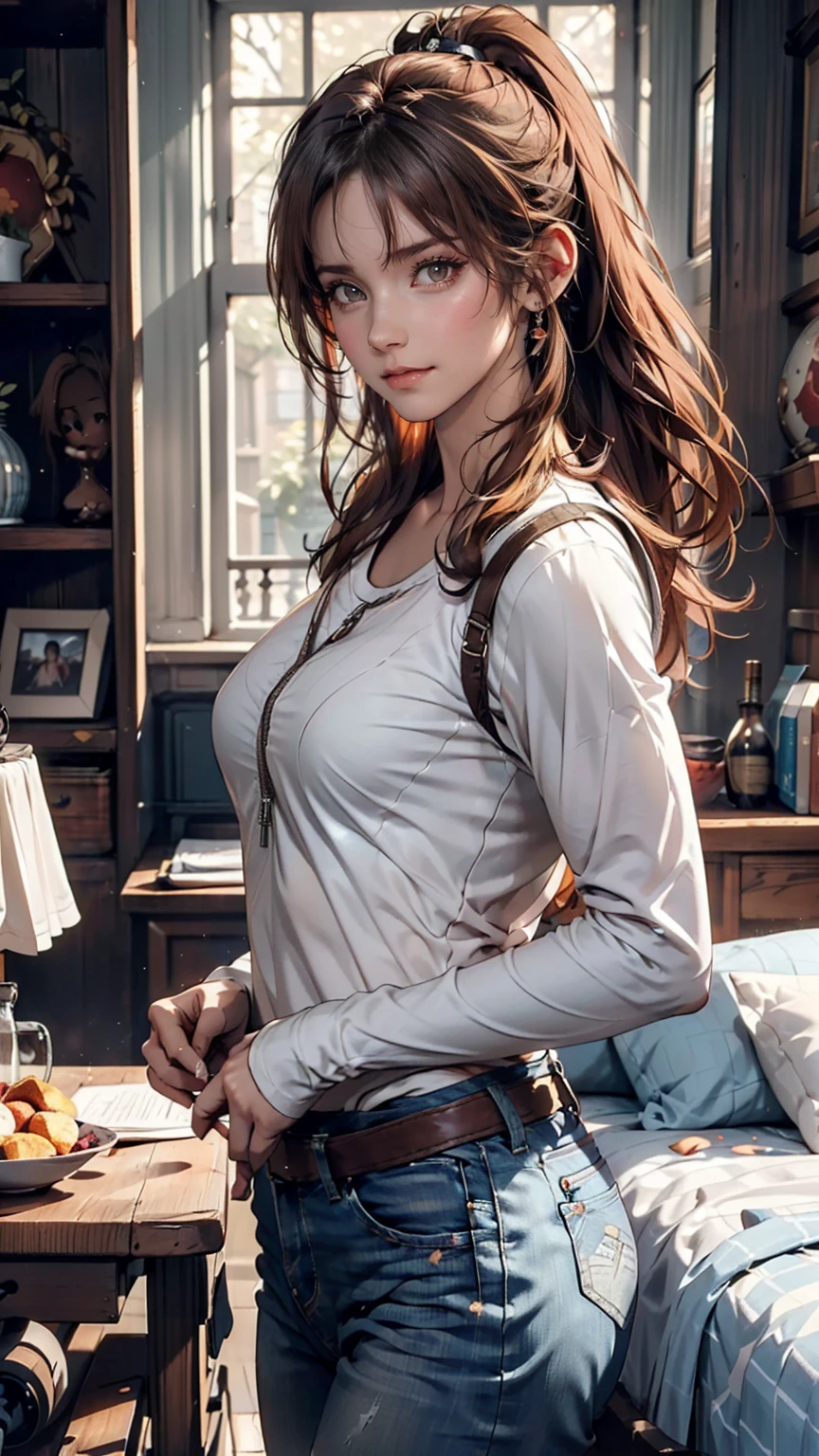 (draw) ((masterpiece, Highest quality)) (Character design sheet, same characters, front, ~ side, return, There are words written all around) Woman with long hair, Redhead with ponytail hairstyle, Brown eyes, Wearing a bulletproof vest, Zippered long sleeve T-shirt, White shirt and jeans, returnpack, Stand and relax