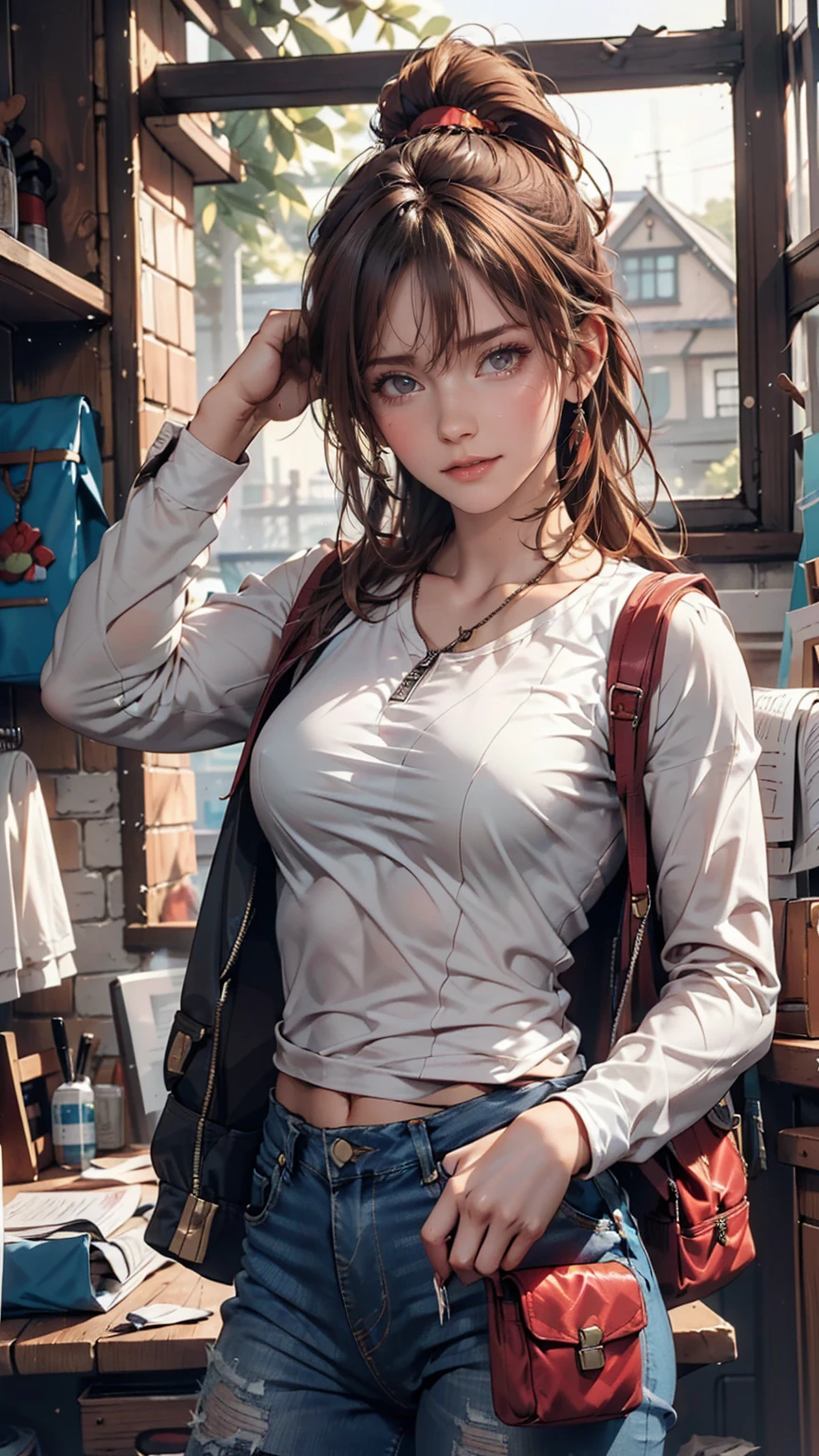 (draw) ((masterpiece, Highest quality)) (Character design sheet, same characters, front, ~ side, return, There are words written all around) Woman with long hair, Redhead with ponytail hairstyle, Brown eyes, Wearing a bulletproof vest, Zippered long sleeve T-shirt, White shirt and jeans, returnpack, Stand and relax