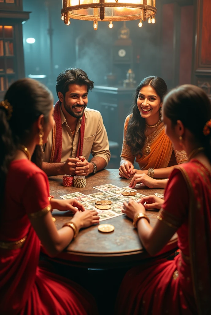 A slightly overhead shot，(best quality, high resolution, HDR, Practical), Bright colors, Extremely detailed description, (Concept Artist), Four young Indian men and women play a card game together，Dramatic visuals，They communicated with exaggerated gestures.，Looking at the audience，an antique Indian wooden table，Paper money coins chips，vintage poker coins, Smoky room, Dim Lights, Happy expression, Happy smile，(portrait:1.1) ，