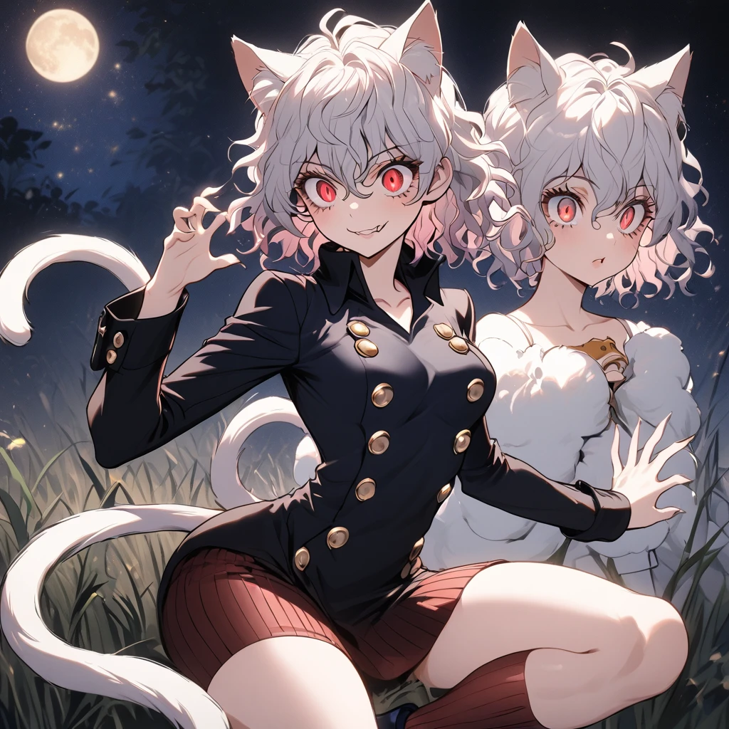 1girl, neferpitou, short hair, red eyes, animal ears, tail, white hair, cat ears, cat tail, curly hair, long sleeves, shorts, model's expressiion, silver hair, short and curly hair, cat ears, red eyes, large pupils, double eyelids, slender eyebrows, long eyelashes, small nose, small mouth, sharp jawline, blue military-style coat, six gold buttons, short red striped skirt, high collar, long sleeves, slender wrists, flexible fingers, white skin, cat-like claws, red striped knee-high socks, blue shoes, sturdy soles, slender ankles, small feet, long legs, muscular thighs, thin waist, wide shoulders, cat-like gaze, long neck, straight shoulder line, straight back, muscular arms, long fingers, firm upper arms, soft hands, small palms, cat-like smile, serious furrowed brows, pointed ears, pink inside of ears, thin eyelids, upward curled eyelashes, vertical slit pupils, cat whisker-like cheek markings, many lower eyelashes, small nostrils, thin lips, pointed chin, protruding collarbones, straight posture, high hips, muscular thighs, pointed knees, well-fitted socks, neatly tied shoelaces, soft cat ears, rounded ear tips, soft fluffy hair, thin eyebrows, light pink lips, white teeth, well-shaped lips, smooth skin, sensitive ears, reflective pupils, heavy eyelids, slightly curved cat ears, well-fitted coat, wide skirt hem, shining buttons, slightly old shoes, hair waving in wind, sparkling pupils, moving cat ears, nighttime forest background, moonlight, starry night sky, G-cup chest, cocky cat-like expression, thick glossy thighs and hips, detailed texture of hair and clothing, light and shadow contrast, background details including swaying grass and old building, specific lighting conditions with moonlight casting shadows, detailed coloration of outfit with deep blue and red stripes, intricate design of buttons, and emotional depth in expressions showing defiance, joy, and determination.