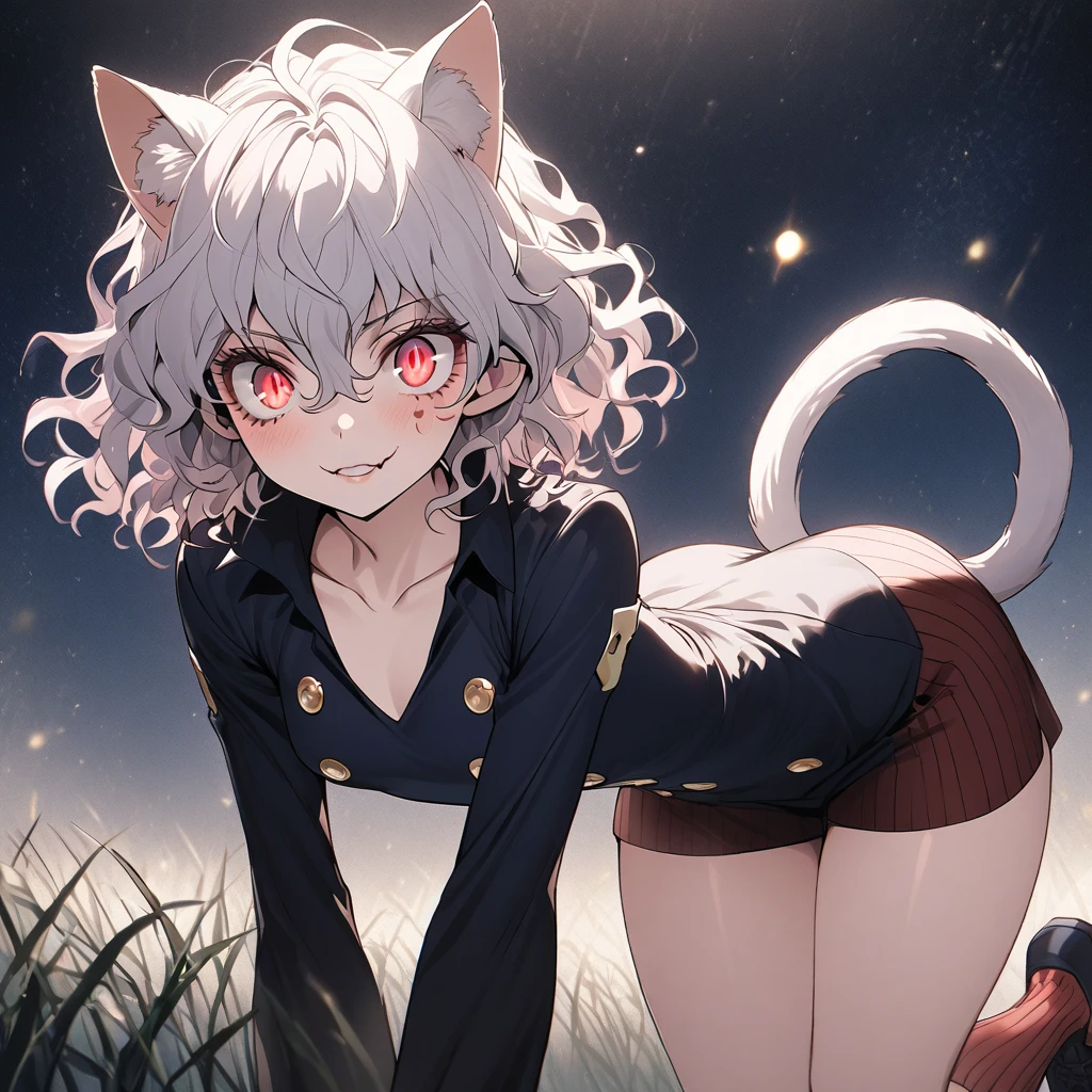 1girl, neferpitou, short hair, red eyes, animal ears, tail, white hair, cat ears, cat tail, curly hair, long sleeves, shorts, model's expressiion, silver hair, short and curly hair, cat ears, red eyes, large pupils, double eyelids, slender eyebrows, long eyelashes, small nose, small mouth, sharp jawline, blue military-style coat, six gold buttons, short red striped skirt, high collar, long sleeves, slender wrists, flexible fingers, white skin, cat-like claws, red striped knee-high socks, blue shoes, sturdy soles, slender ankles, small feet, long legs, muscular thighs, thin waist, wide shoulders, cat-like gaze, long neck, straight shoulder line, straight back, muscular arms, long fingers, firm upper arms, soft hands, small palms, cat-like smile, serious furrowed brows, pointed ears, pink inside of ears, thin eyelids, upward curled eyelashes, vertical slit pupils, cat whisker-like cheek markings, many lower eyelashes, small nostrils, thin lips, pointed chin, protruding collarbones, straight posture, high hips, muscular thighs, pointed knees, well-fitted socks, neatly tied shoelaces, soft cat ears, rounded ear tips, soft fluffy hair, thin eyebrows, light pink lips, white teeth, well-shaped lips, smooth skin, sensitive ears, reflective pupils, heavy eyelids, slightly curved cat ears, well-fitted coat, wide skirt hem, shining buttons, slightly old shoes, hair waving in wind, sparkling pupils, moving cat ears, nighttime forest background, moonlight, starry night sky, G-cup chest, cocky cat-like expression, thick glossy thighs and hips, detailed texture of hair and clothing, light and shadow contrast, background details including swaying grass and old building, specific lighting conditions with moonlight casting shadows, detailed coloration of outfit with deep blue and red stripes, intricate design of buttons, and emotional depth in expressions showing defiance, joy, and determination.