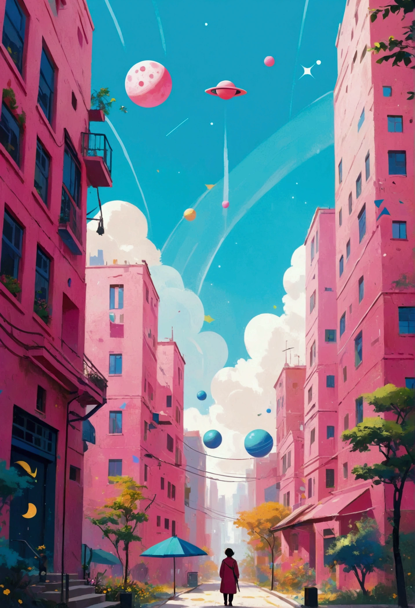 a Portrait of {subject}, in a pink background with a few colorful shapes and small black lines representing different objects in the sky, along with some large pink or blue planets or stars. The central figure is an abstract representation surrounded by various other floating elements like trees, buildings, or flying vehicles. There's also another object resembling what appears to be space ship, which adds depth to the composition. in the style of lithography
