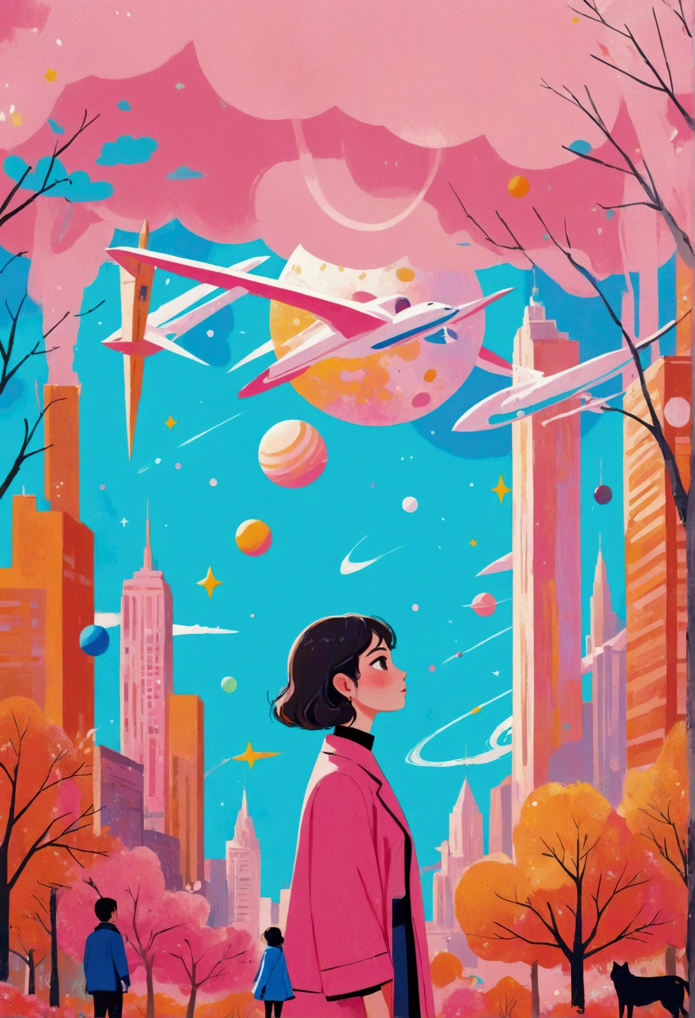 a Portrait of {subject}, in a pink background with a few colorful shapes and small black lines representing different objects in the sky, along with some large pink or blue planets or stars. The central figure is an abstract representation surrounded by various other floating elements like trees, buildings, or flying vehicles. There's also another object resembling what appears to be space ship, which adds depth to the composition. in the style of lithography