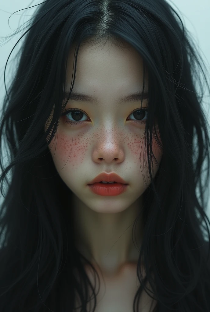 Long black hair freckles on the face slanted eyes
