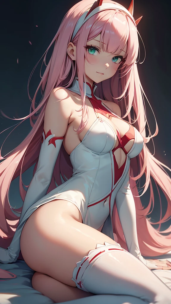 anime girl, zero two, 002 from Darling in the Franxx (Best Quality,4k,8k,High resolution,masterpiece:1.2), ultra detailed, (animated art style:1.37), Portraits, Alone, A girl, by the wide, beautiful detailed horns, pink hair, pantimedia added, impressive , delicate hairband, lovely smile, Captivating look, black pantyhoedium breasts, whiband, simple background, elegant arms behind the head, Elegant arms up, stylish bangs, fascinating green eyes, detailed eye, ELEGANT DRESS, delicate mouth closed, Red color_xs_and_Women's lace & Lencería babanddoll floral por encima de la rodilla de red, fiery red horns, exquisite lingerie, Stunning red lingerie, seductive lingerie, cascading verand by the wide, straight hair, confident standing pose, Elegant tie.