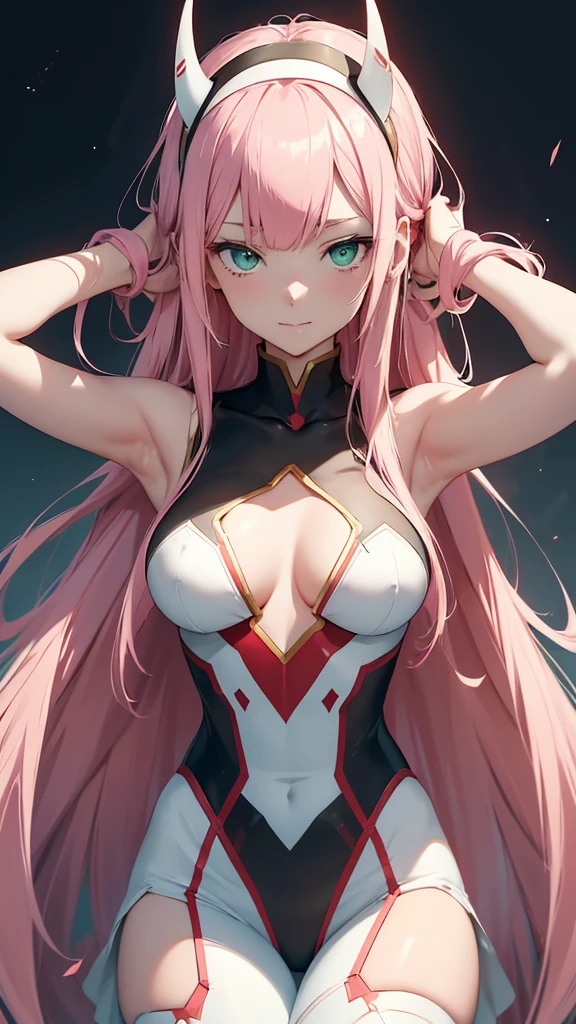 anime girl, zero two, 002 from Darling in the Franxx (Best Quality,4k,8k,High resolution,masterpiece:1.2), ultra detailed, (animated art style:1.37), Portraits, Alone, A girl, by the wide, beautiful detailed horns, pink hair, pantimedia added, impressive breasts, delicate hairband, lovely smile, Captivating look, black pantyhose, medium breasts, white hairband, simple background, elegant arms behind the head, Elegant arms up, stylish bangs, fascinating green eyes, detailed eye, ELEGANT DRESS, delicate mouth closed, Red color_xs_and_Women&#39;s lace & Lencería babanddoll floral por encima de la rodilla de red, fiery red horns, exquisite lingerie, Stunning red lingerie, seductive lingerie, cascading verand by the wide, straight hair, confident standing pose, Elegant tie.