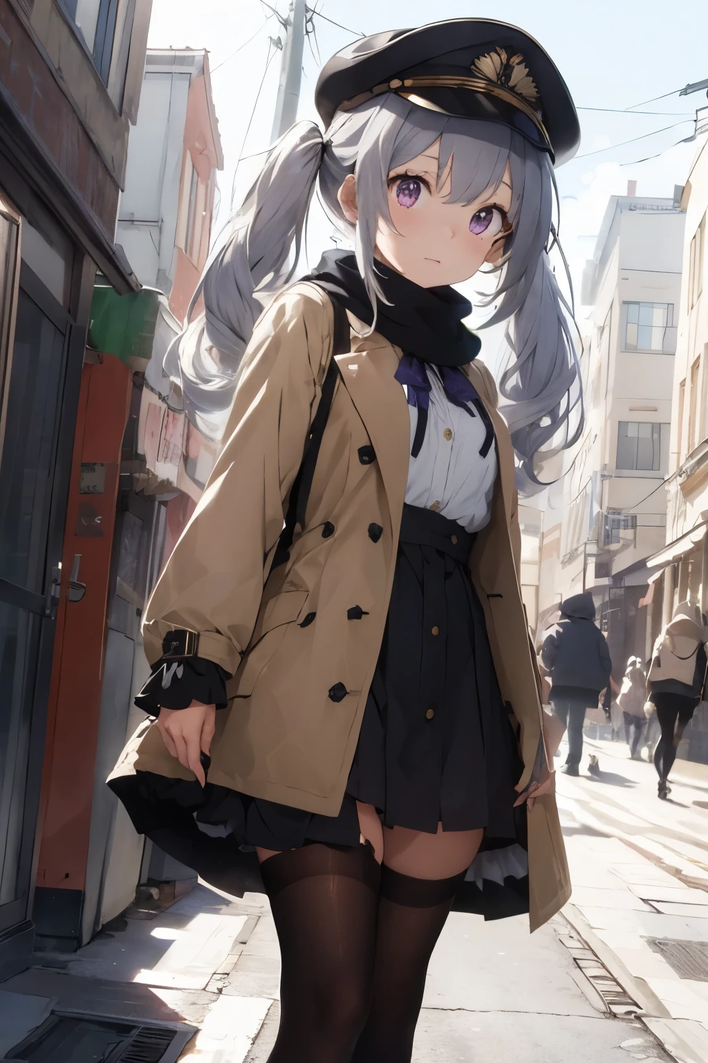 {{wind coat}},Prompt bishoujo, original, extremely detailed 8K wallpaper, 1girl, {an extremely delicate and beautiful}, bangs, silver hair/purple eyes, blush,twintails,flat_chest,neck ribbon,shirt,eyes visible through hair,full body, {gun},young girl,street，{{{masterpiece}}},best quality,Amazing,finely detail,solo,{{floating hair}},detailed background,beautiful detailed eyes,modern,Russian,naval cap,scarf