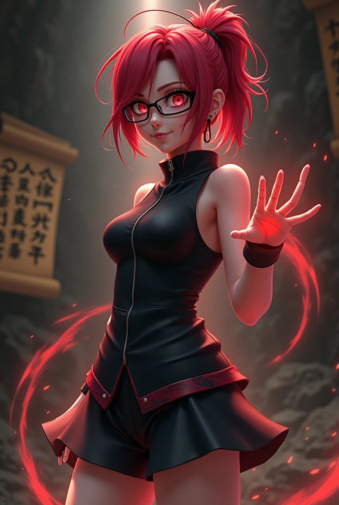 Create a 3D image of a female ninja inspired by Uzumaki Karin. She has bright red hair that is styled messily, with a pair of glasses perched on her nose, emphasizing her sharp, analytical gaze. Her expression is confident, with a hint of mischief, reflecting her intelligence and strong will. She wears a sleeveless, high-collared shirt, dark shorts, and sandals typical of ninja attire. Her hand is outstretched as if sensing or manipulating energy, with faint, glowing red chakra lines flowing around her. The background is a dimly lit, underground lair filled with ancient scrolls and mysterious symbols, giving a sense of her unique abilities. Hands five finger.