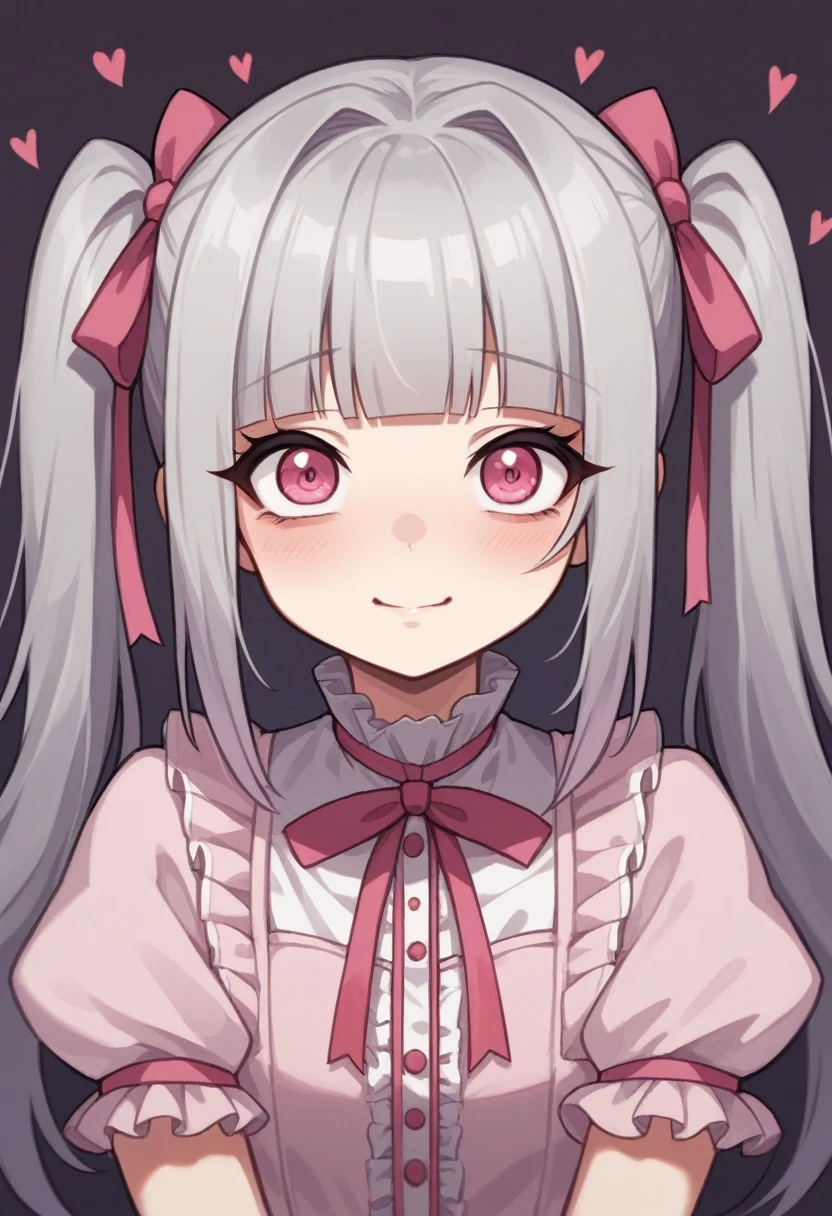 sweet ta fashion, kawaii, cute, very cute, pink, ribbon, devil, Gray Hair, Pink Eyes, girl, danger, cruel, heart, ツインテール, Silky Hair, Devil girl, Mean, The Best Devil Girl, Hair that sparkles, Pink clothes, pink ornament, Anatomically correct body, Soft skin, Pink Devil's Horn, Silky Hair, with thick twin tails, かわいい, most kawaii, cutest, devil, Eyes that seem to be sucked in, Winner of numerous awards, Blunt cut hair, ストレートのツインテール, Natural Light、Realistic texture, Masterpiece