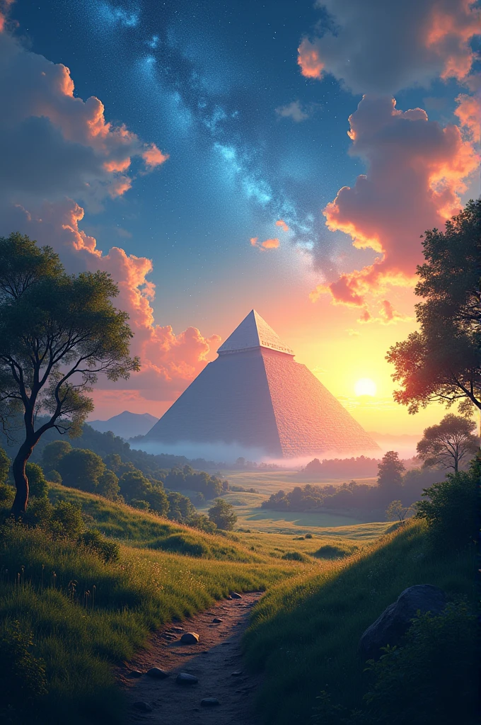 Create a beautiful landscape, place a pyramid in the background, make it sunset and the sun hides behind the pyramid, sky blue and orange tones, place few stars, trees and river, natural landscape, Meadow
