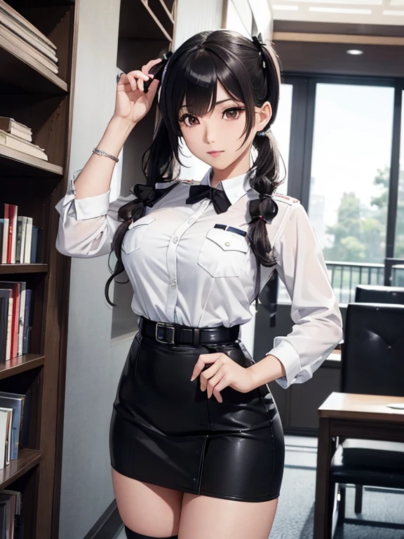Photorealistic, high resolution, A Japanese Police woman named Kimmi, solo, heavy makeup, Hips up, (Detailed face), Black hair, Long hair. skirt, ((curly pigtails)), library, sexy pose, 3/4 shot, cowboy shot, Fully clothed