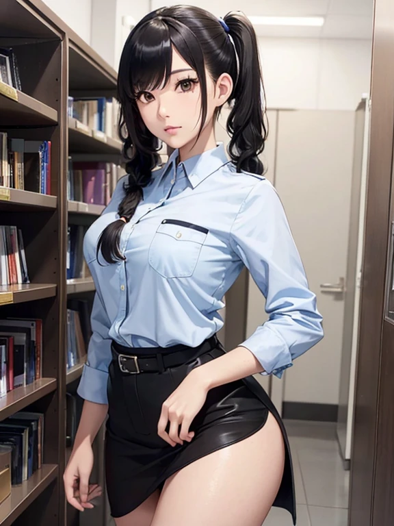 Photorealistic, high resolution, A Japanese Police woman named Kimmi, solo, heavy makeup, Hips up, (Detailed face), Black hair, Long hair. skirt, ((curly pigtails)), library, sexy pose, 3/4 shot, cowboy shot, Fully clothed