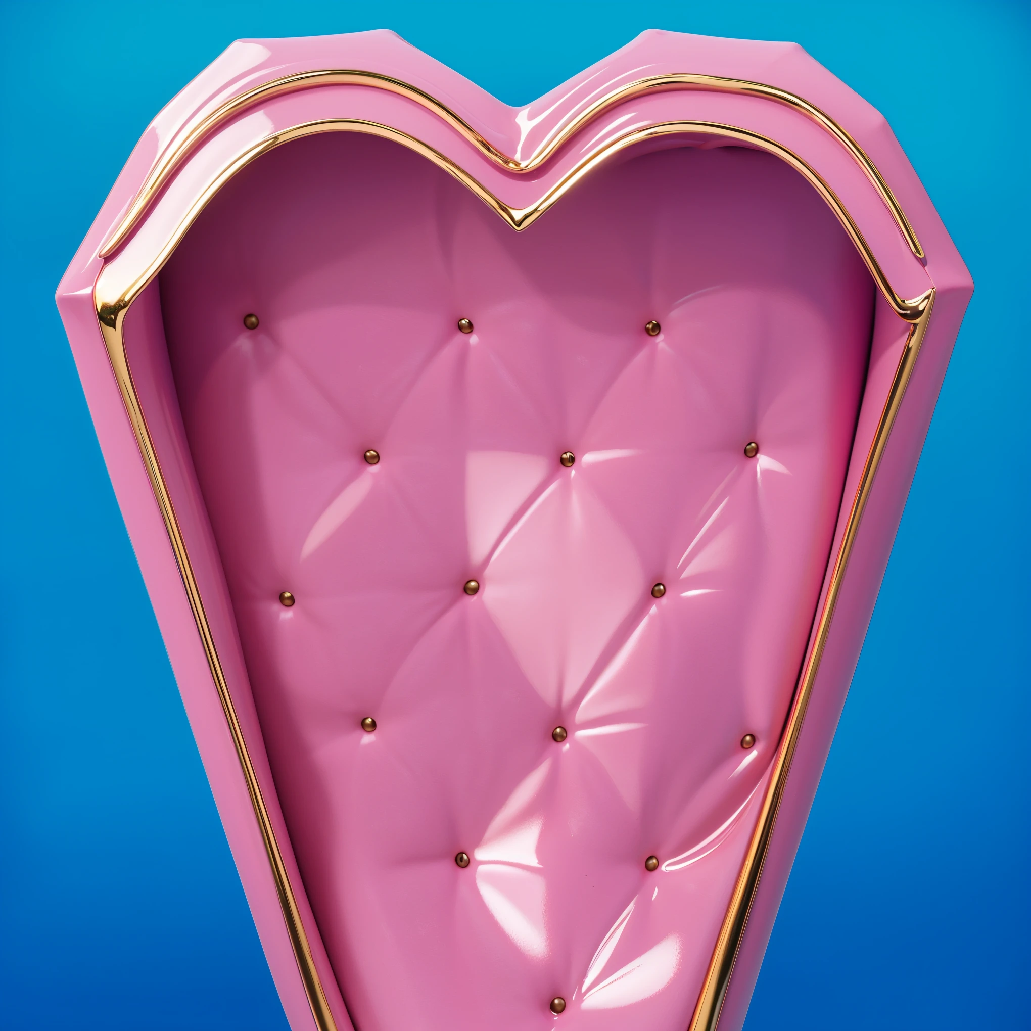 This image presents a unique, heart-shaped coffin, blending whimsy with a somber theme. The coffin features a plush, pink velvet interior with button tufting that adds a luxurious and comforting texture. The exterior is framed with a golden trim that outlines the heart shape, enhancing its distinct and affectionate design. Set against a vivid blue background, this heart-shaped coffin stands out as both a symbolic gesture of love and a poignant reminder of finality, making it an intriguing and emotionally charged object. The purple background complements the costume, creating a vibrant and engaging scene. (glossy plastic texture with multiple big light probe refractions), perfect cgi, smooth silhouette, high intensity refraction, (super glossy plastic material), most beautiful vfx, , realistic, 4k, high resolution, rim light, smooth 3d model, multiple light sources, rim light, sharp post effects render,, realistic, 4k, high resolution, rim light detailed digital art, reflective, best quality, 4k, masterpiece:1.2, ultra-detailed, realistic, vivid colors, The image of the highest quality, ensuring every detail showcased perfectly. It in 4k resolution, allowing viewers to immerse themselves in the richness of the colors and intricate details. The realistic rendering. under the spotlight, reflecting, high-resolution image, realistic rendering