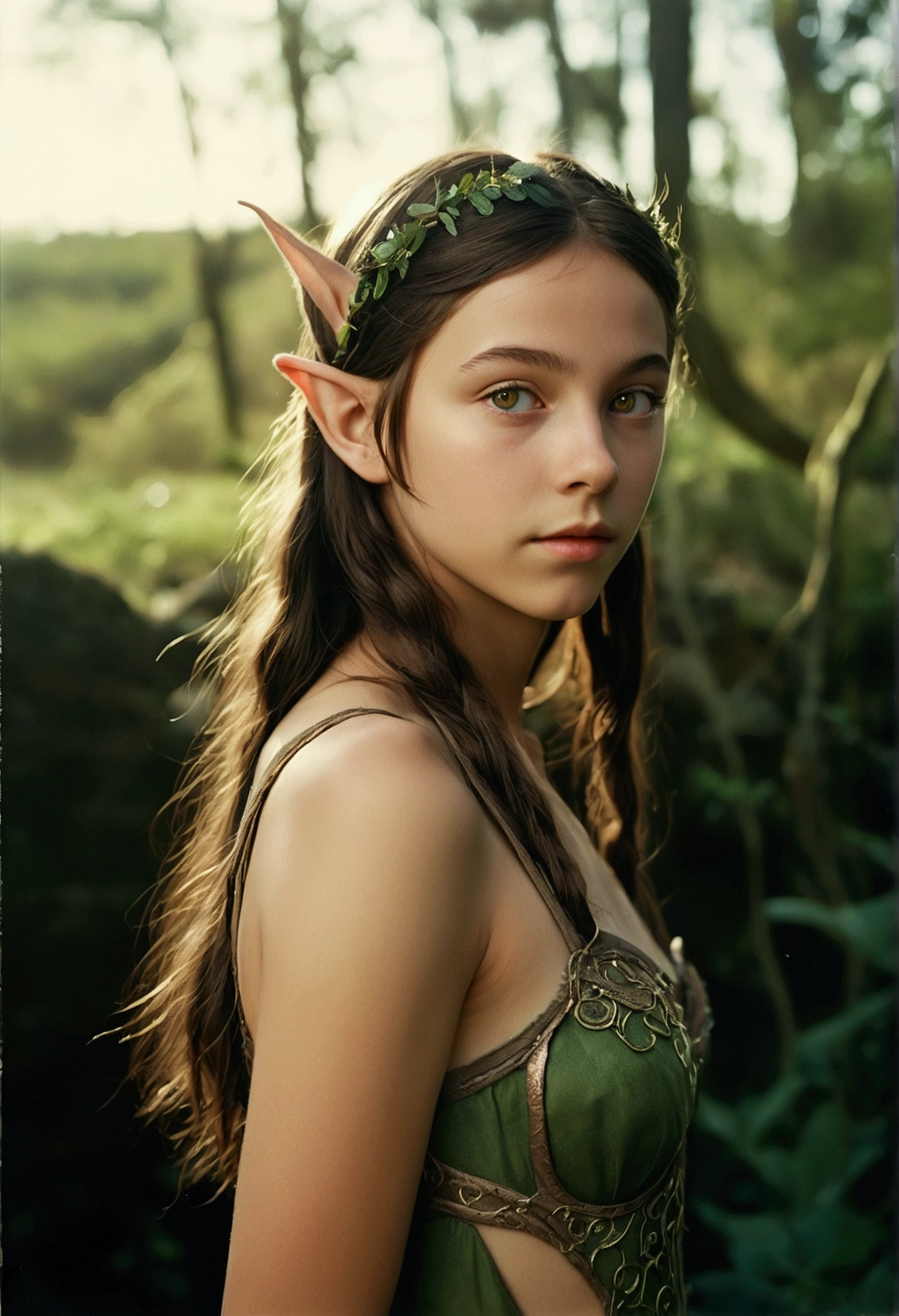 analog film photo, photo of a young elven girl, 18 years old, elf ears, amber eyes, dark brown hair, shaggy bob cut, sun-tanned complexion, olive skintone, slender hourglass figure, narrow waist, full hips, plump buttocks, wearing elven lingerie, resembles Mackenzie Foy, strolling through a fantasy landscape, RAW Photograph, dslr, soft lighting, high quality, film grain, Fujifilm XT3, detailed skin with visible pores, insane details, masterpiece, 8k, 35mm photograph, dslr, kodachrome, faded film, desaturated, grainy, vintage, Lomography, stained, highly detailed, found footage, close-up shot, elven ears
