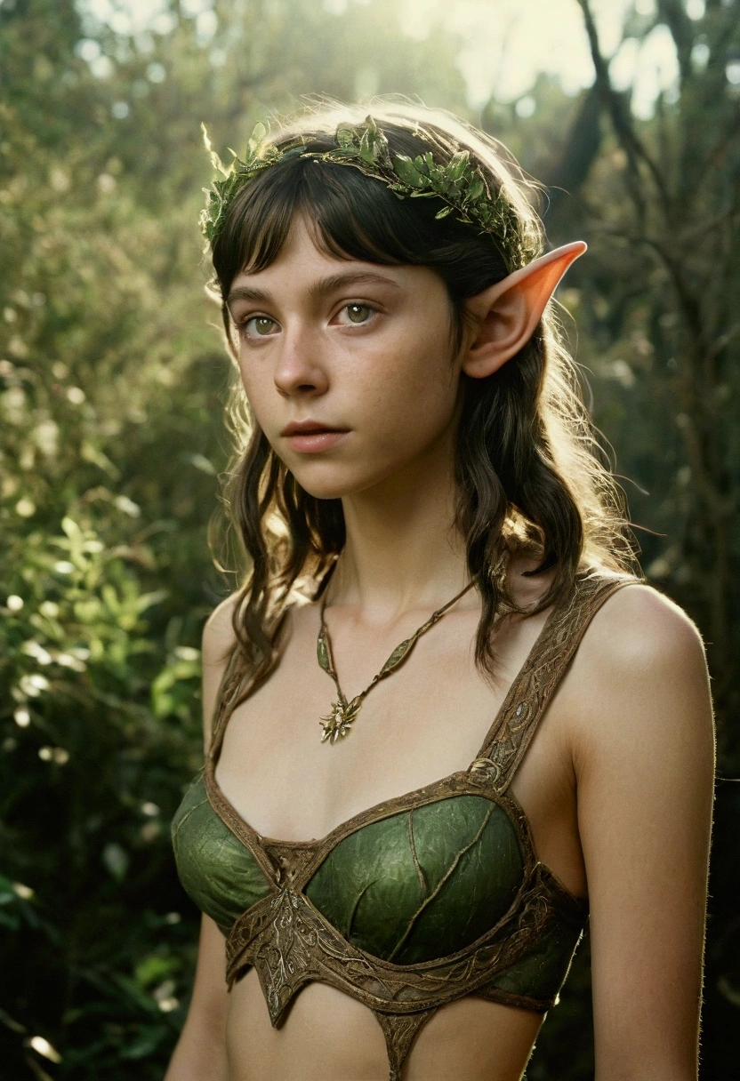 analog film photo, photo of a young elven girl, 18 years old, elf ears, amber eyes, dark brown hair, shaggy bob cut, sun-tanned complexion, olive skintone, slender hourglass figure, narrow waist, full hips, plump buttocks, wearing elven lingerie, resembles Mackenzie Foy, strolling through a fantasy landscape, RAW Photograph, dslr, soft lighting, high quality, film grain, Fujifilm XT3, detailed skin with visible pores, insane details, masterpiece, 8k, 35mm photograph, dslr, kodachrome, faded film, desaturated, grainy, vintage, Lomography, stained, highly detailed, found footage, close-up shot, elven ears