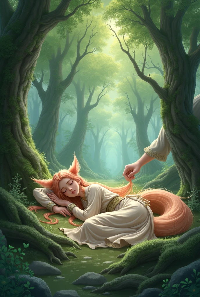 young guy with long peach colored hair with fox ears with fox tail in Chinese clothes sleeps under the tree in magical forest someone's hand grabs his tail realism