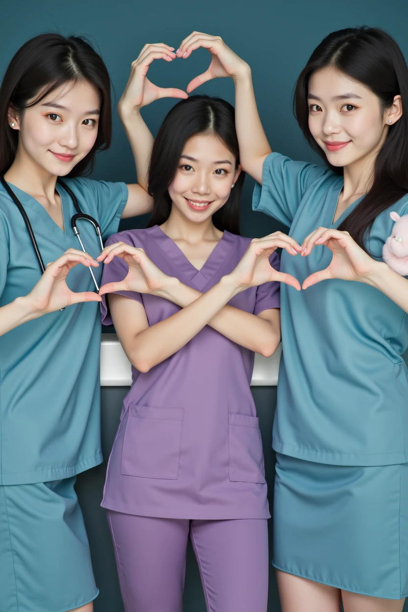 photograph, cowboy shot, three women with hands together making heart shape, smiling beautiful Japanese female nurses wearing nurse uniform, hourglass figure, beautiful detailed face, black hair, pale skin, fair skin, realistic skin, detailed cloth texture, detailed hair texture, Perfect proportion, Anatomically correct, Highly detailed face and skin texture, private modern hospital room, looking at viewer, asian face , perfect anatomy, realistic