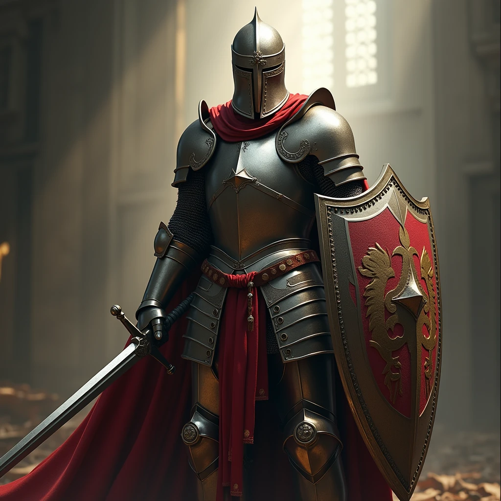 knight in full armor with sword and shield, Very detailed, 8k, Global Illumination, Wide-angle, God's Rays,Full Body Shot.