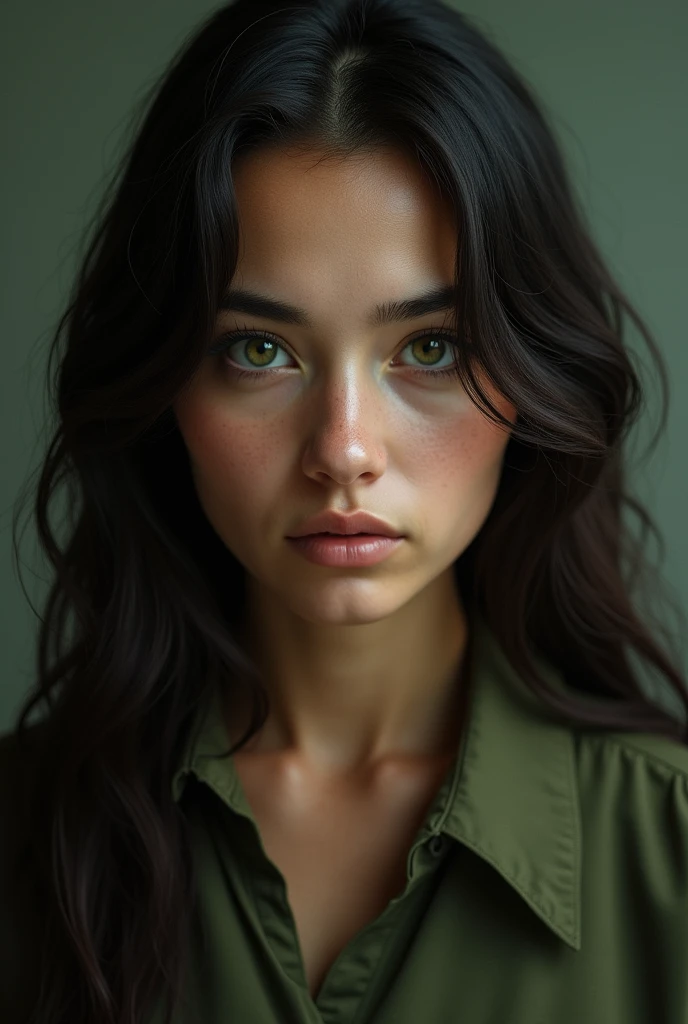 25 year old girl, Her long hair is dark brown and her eyes are green, Her skin is brown, square face, His expression is serious and cold, His clothes are in shades of green and brown. front view