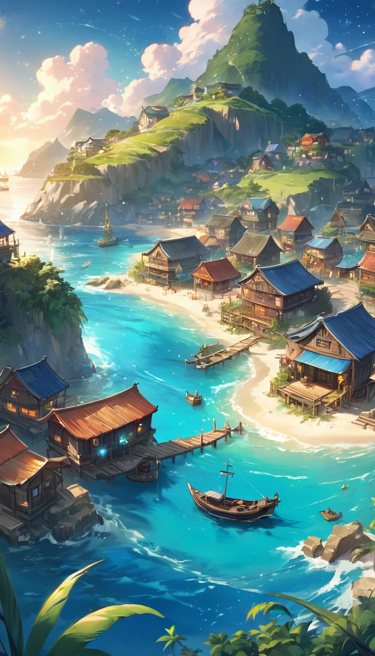 anime - style image of a beach with a boat and a village, anime scenery concept art, ross tran. scenic background, fishing village, high detailed official artwork, background art, renaissance port city background, detailed key anime art, official art, 8k high quality detailed art, sea of thieves style, anime background art, fishing town, concept art highly detailed ,(glowing fireflies and butterfiles )(greenery view)(bright blue shinning sky)(night view)(borkeh effect)(far view)--ar 3:2 --niji 6