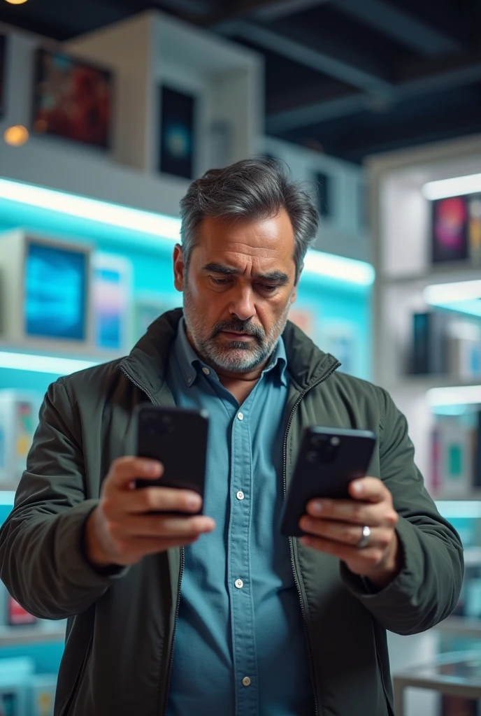 Man hand 2 mobile and 
confuse to buy mobile 
