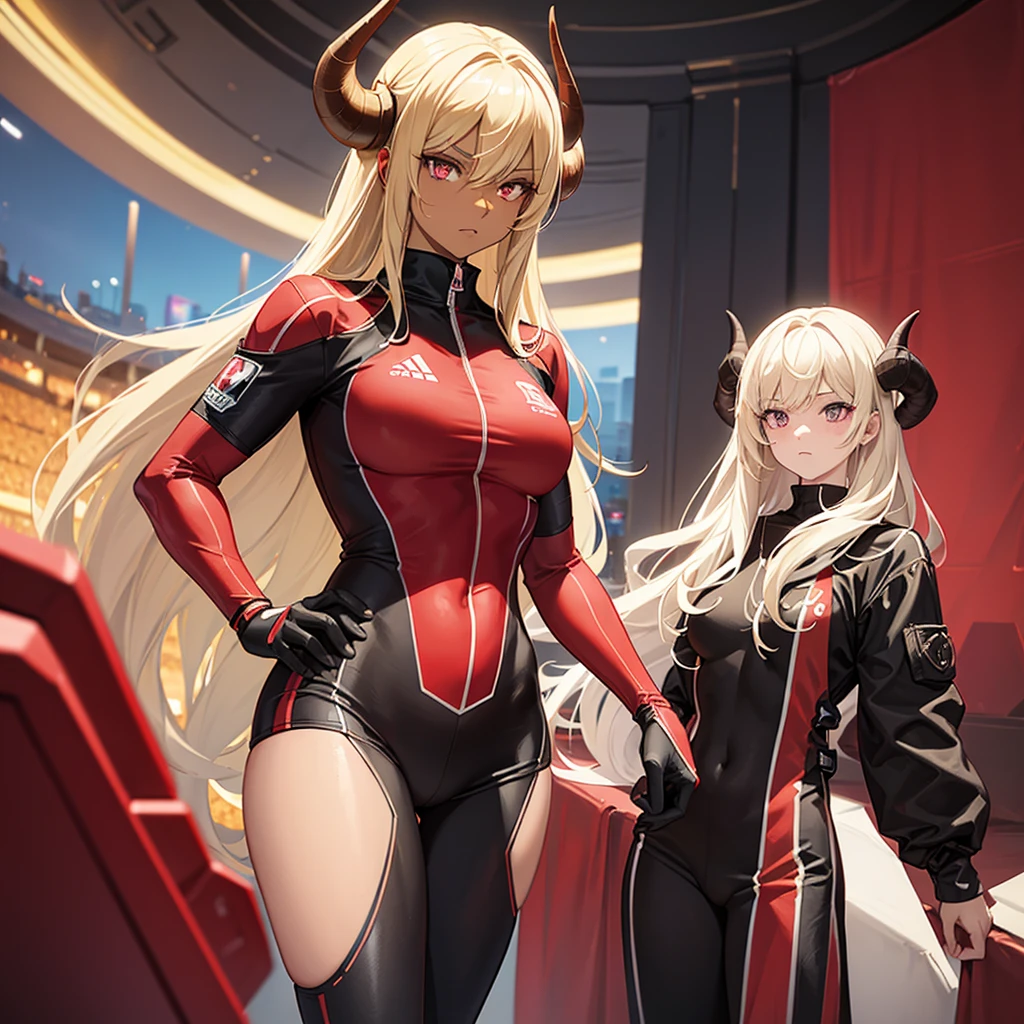 athletic woman, brown skin color, blonde hair, crimson eyes, with black horns, dressed in red sports clothing, has an arrogant look, has a reddish aura surrounding her, located in a futuristic coliseum