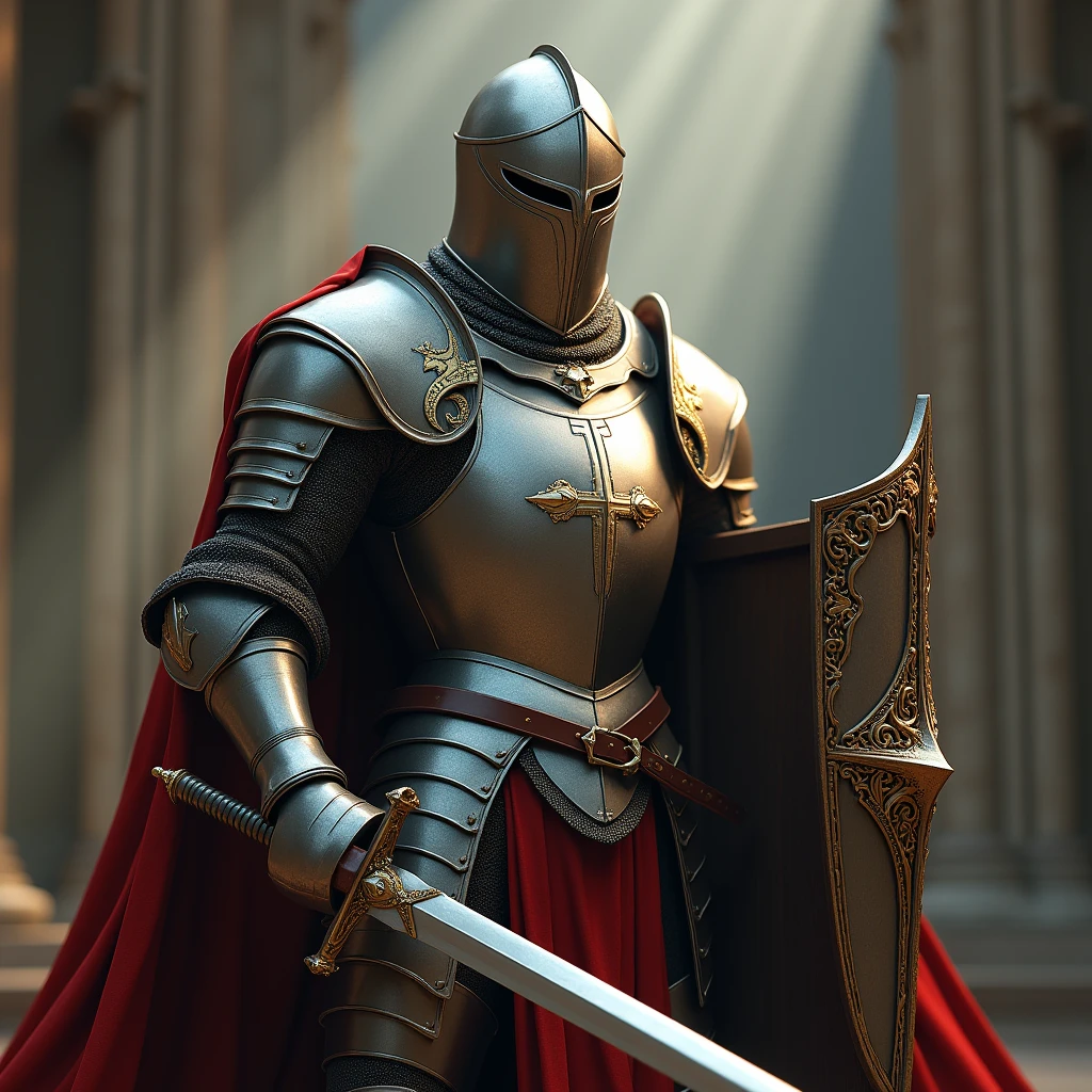 knight in full armor with sword and shield, Very detailed, 8k, Global Illumination, Wide-angle, God's Rays,Full Body Shot.
