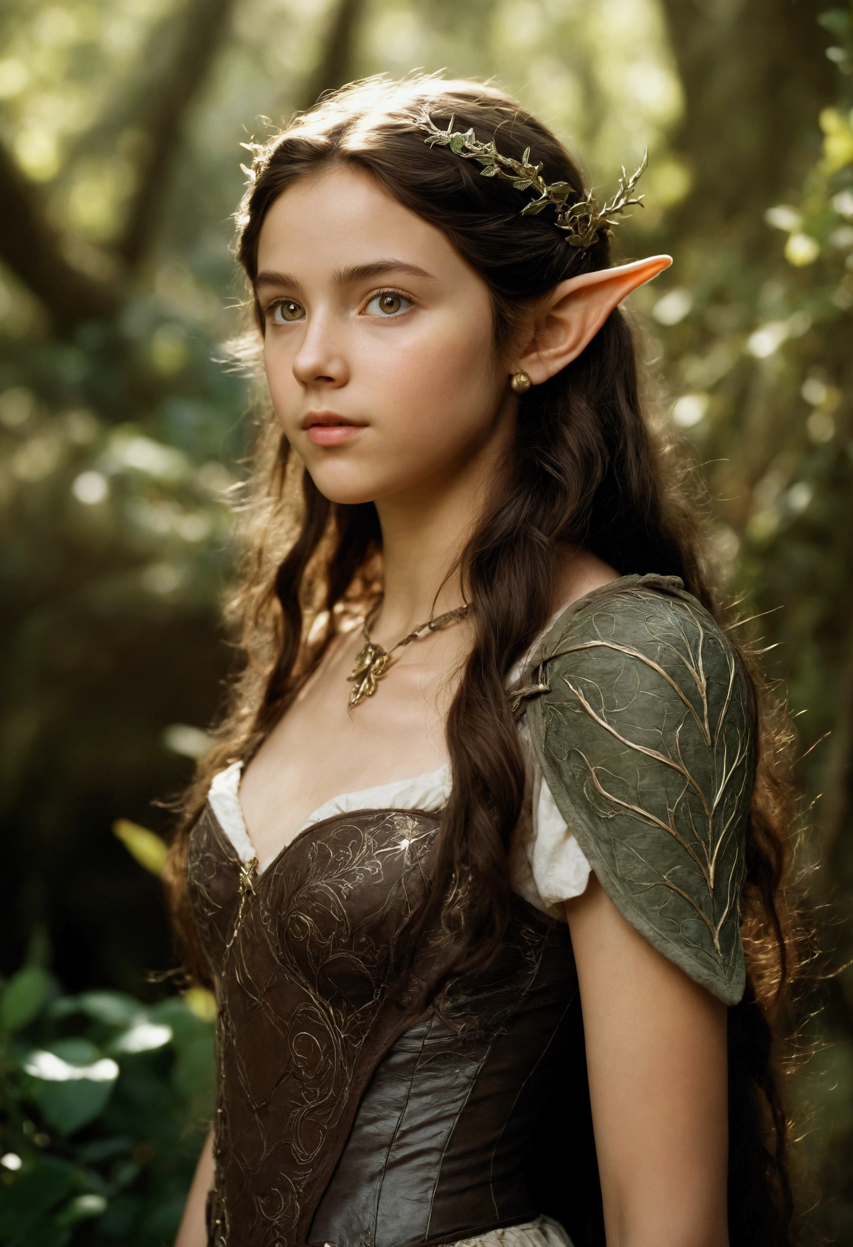 analog film photo, photo of a young elven girl, 18 years old, elf ears, amber eyes, dark brown hair, long messy waves, sun-tanned complexion, olive skintone, slender hourglass figure, narrow waist, full hips, plump buttocks, wearing elven lingerie, resembles Mackenzie Foy, strolling through a fantasy landscape, RAW Photograph, dslr, soft lighting, high quality, film grain, Fujifilm XT3, detailed skin with visible pores, insane details, masterpiece, 8k, 35mm photograph, dslr, kodachrome, faded film, desaturated, grainy, vintage, Lomography, stained, highly detailed, found footage, close-up shot, elven ears