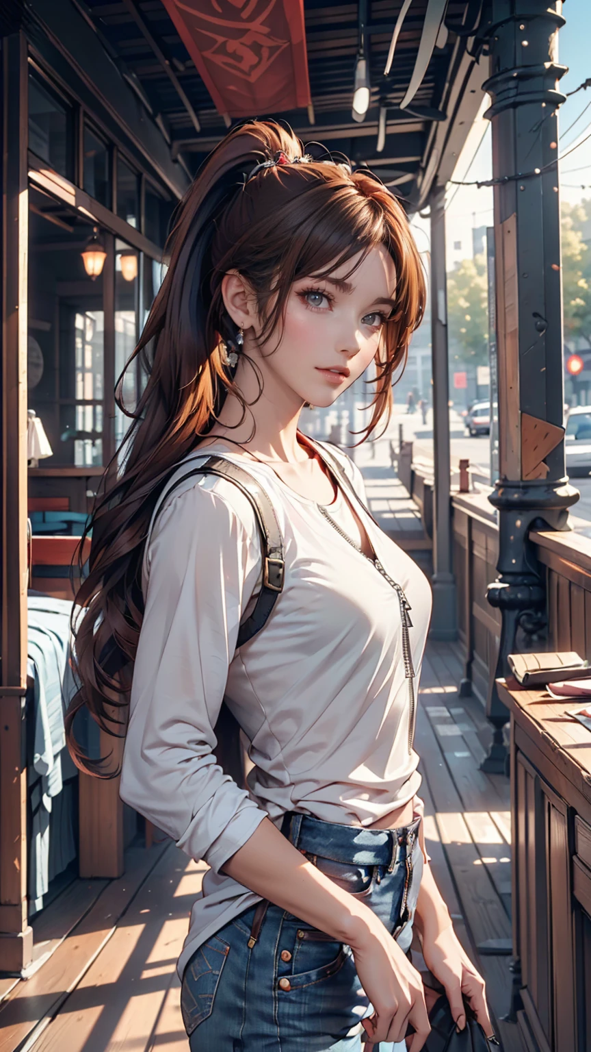 (draw) ((masterpiece, Highest quality)) (Character design sheet, same characters, front, ~ side, return, There are words written all around) Woman with long hair, Redhead with ponytail hairstyle, Brown eyes, Wearing a bulletproof vest, Zippered long sleeve T-shirt, White shirt and jeans, returnpack, Stand and relax