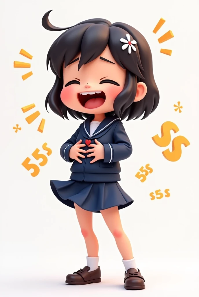 A cartoon girl in a dark blue school uniform with short sleeves and a short dark blue skirt is laughing hysterically, her hands clutching her stomach. There are 555s coming out of her. 3D, facing forward.