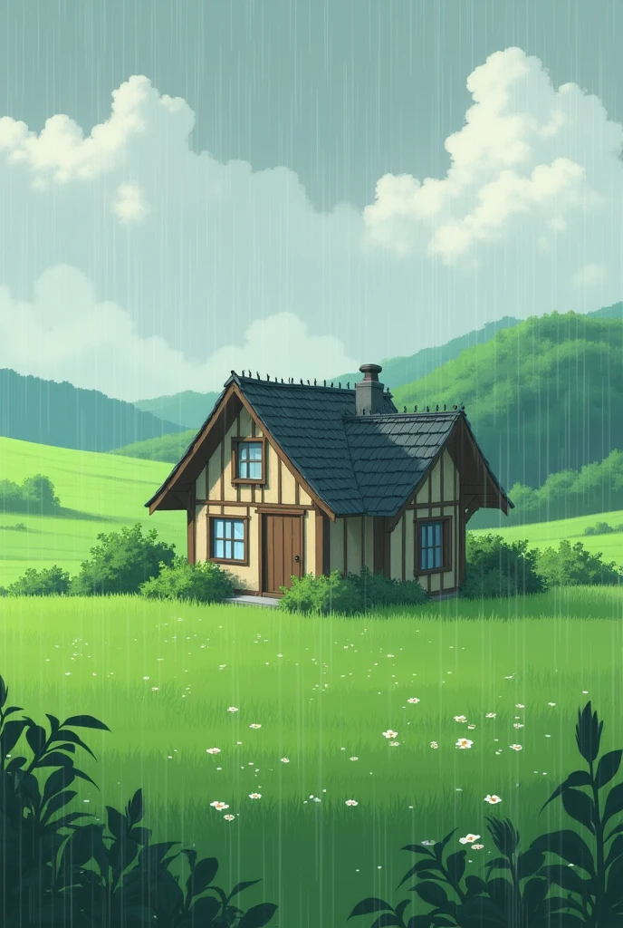There is a house in the field and it is raining there in anime style