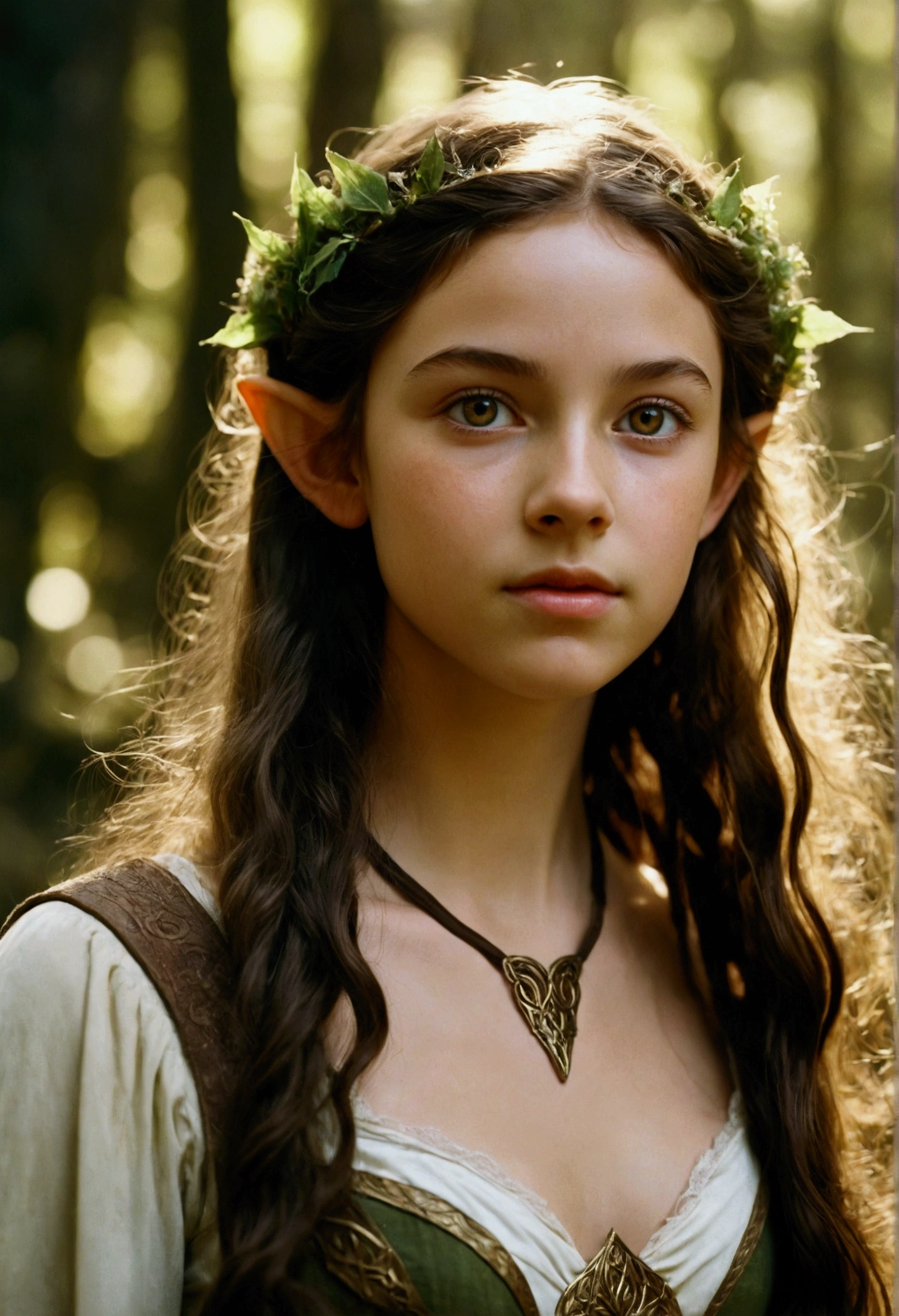 analog film photo, photo of a young elven girl, 18 years old, elf ears, amber eyes, dark brown hair, long messy waves, sun-tanned complexion, olive skintone, slender hourglass figure, narrow waist, full hips, plump buttocks, wearing elven lingerie, resembles Mackenzie Foy, strolling through a fantasy landscape, RAW Photograph, dslr, soft lighting, high quality, film grain, Fujifilm XT3, detailed skin with visible pores, insane details, masterpiece, 8k, 35mm photograph, dslr, kodachrome, faded film, desaturated, grainy, vintage, Lomography, stained, highly detailed, found footage, close-up shot, elven ears