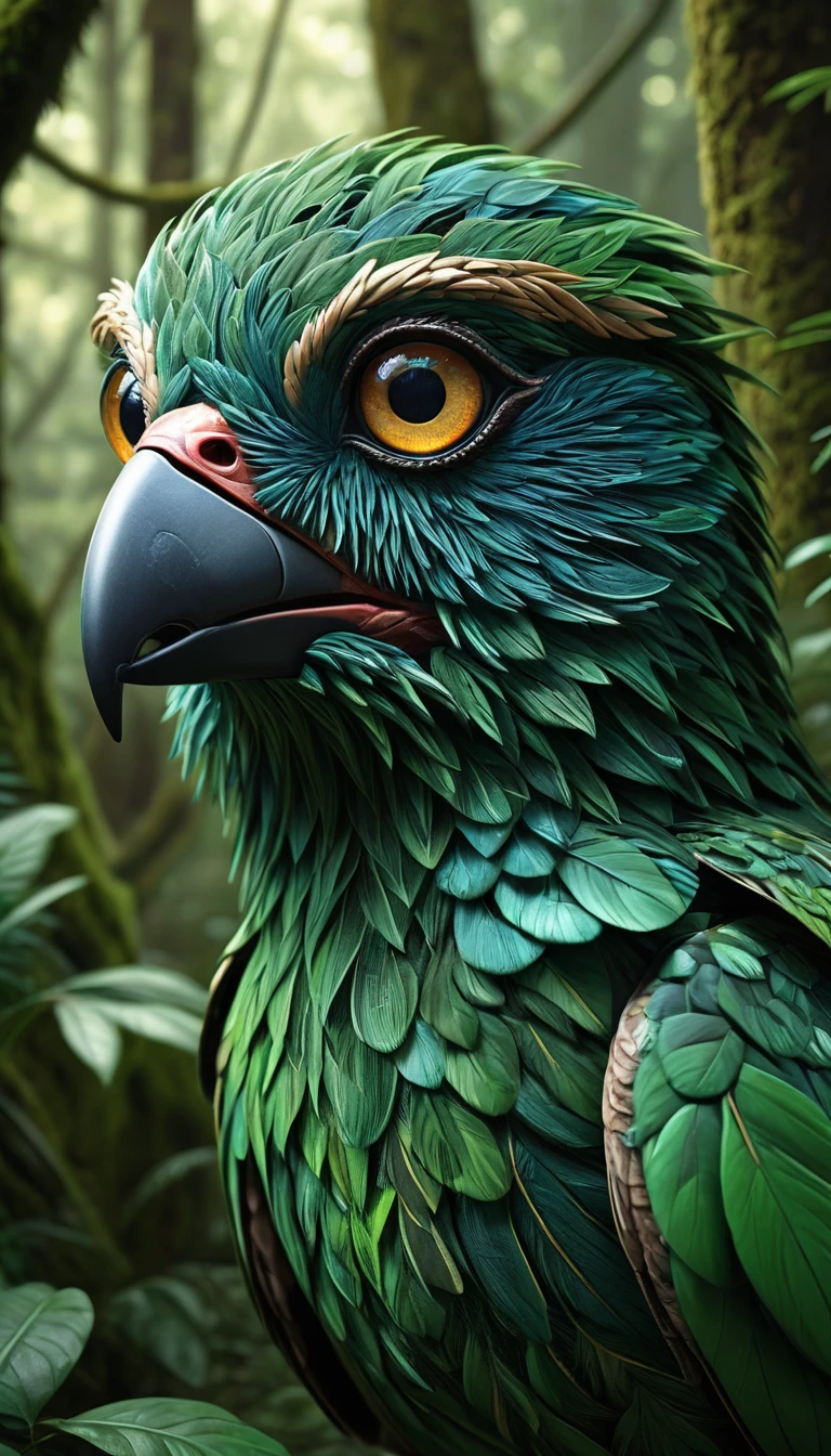 a bird-like humanoid with four eyes in a lush forest, highly detailed, (best quality, 4k, 8k, highres, masterpiece:1.2), ultra-detailed,(realistic, photorealistic, photo-realistic:1.37), highly detailed animal, intricate patterns, realistic lighting