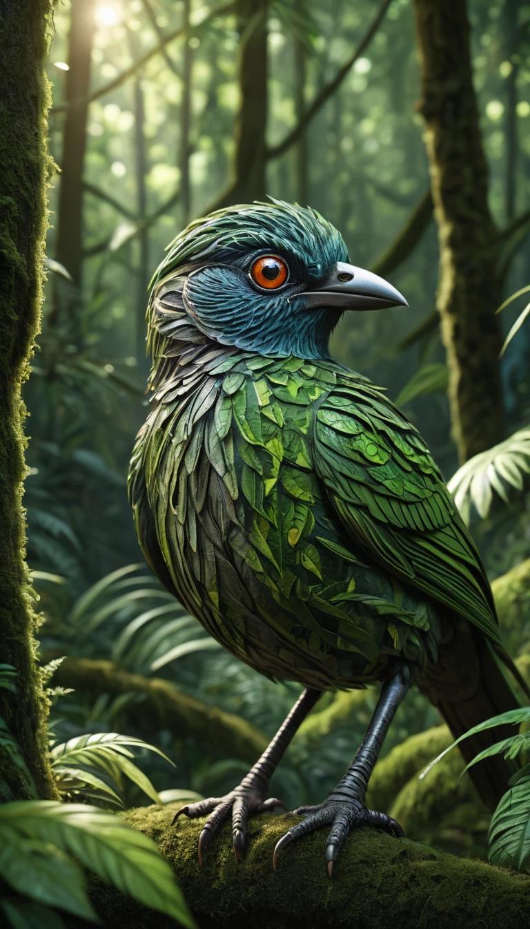 a bird-like humanoid with four eyes in a lush forest, highly detailed, (best quality, 4k, 8k, highres, masterpiece:1.2), ultra-detailed,(realistic, photorealistic, photo-realistic:1.37), highly detailed animal, intricate patterns, realistic lighting