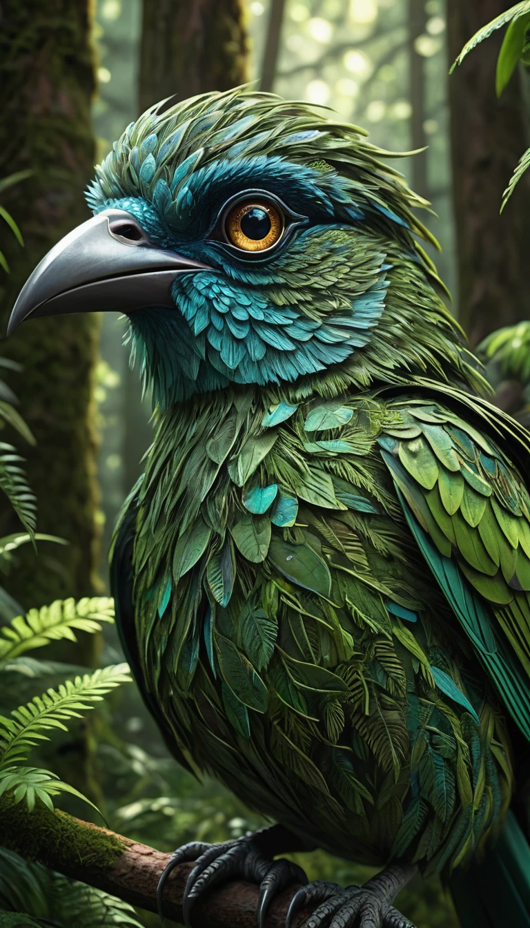 a bird-like humanoid with four eyes in a lush forest, highly detailed, (best quality, 4k, 8k, highres, masterpiece:1.2), ultra-detailed,(realistic, photorealistic, photo-realistic:1.37), highly detailed animal, intricate patterns, realistic lighting
