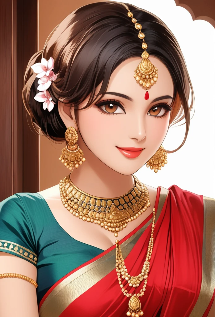 ((1woman, mature,single hair braid,saree, big long jhumka earrings , detailed alluring eyes, smooth detailed lips, beautiful face, smiling ,red lipstick ,navel,bangles,blue ribbon, sagging breasts