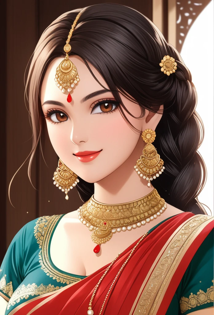 ((1woman, mature,single hair braid,saree, big long jhumka earrings , detailed alluring eyes, smooth detailed lips, beautiful face, smiling ,red lipstick ,navel,bangles,blue ribbon, sagging breasts