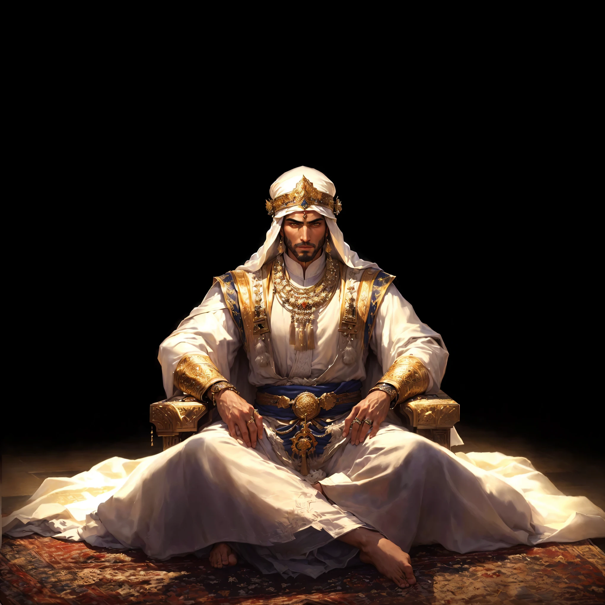 A man in a white robe sits on a rug., Bedouin portrait&d, handsome prince of persia, ancient kings in white robes, portrait of the emperor of mankind, Arab, Arab samurai, Sitting on his throne, author:Eddie Mendoza, author:Daniel Jungren, Epic and beautiful character art, Emil, author Ahmed Karahisari