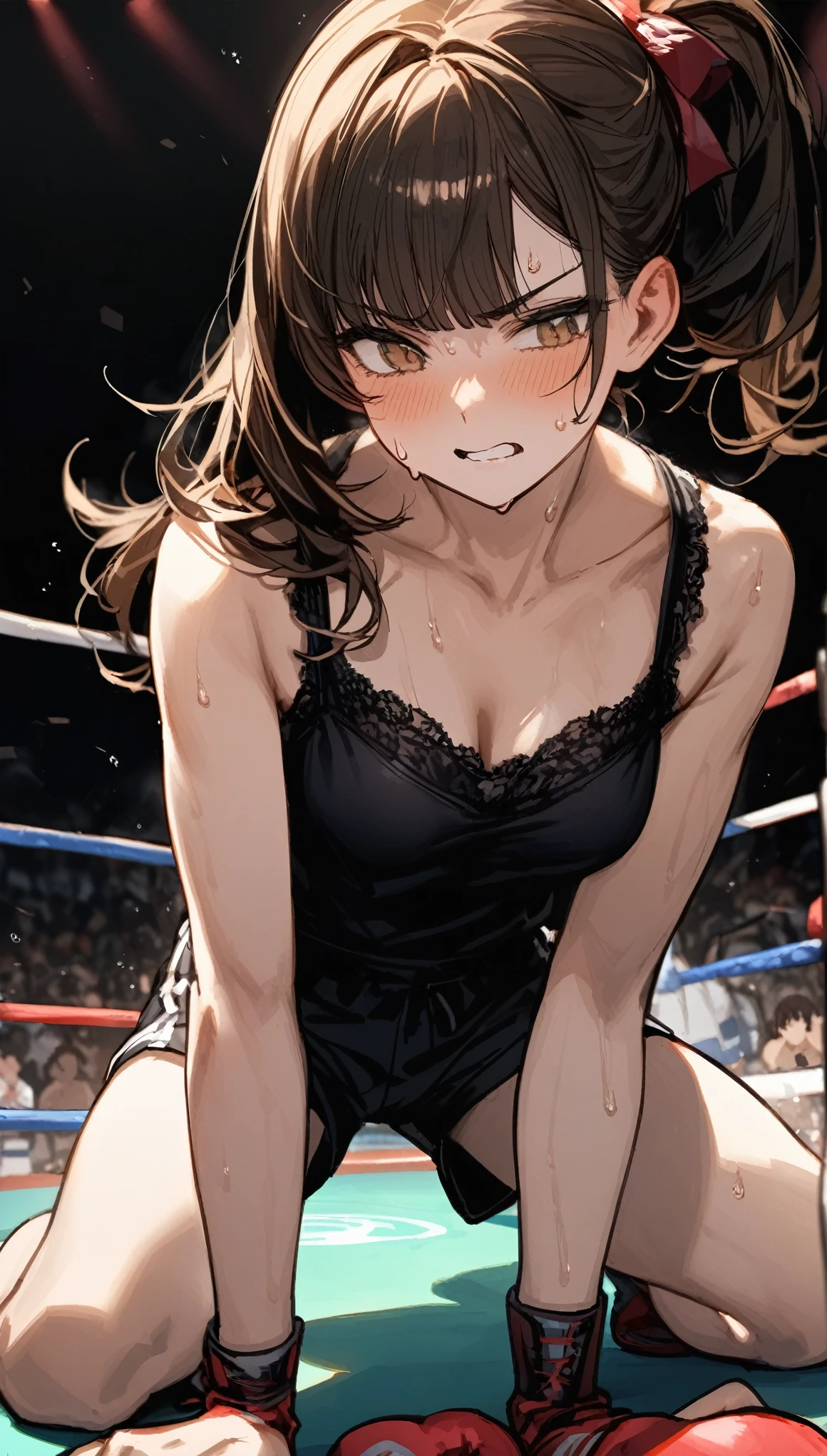 from side,from below,Focus on thighs, {{masterpiece}}, {{{best quality}}},{{ultra-detailed}}, {{illustration}},boxing glove,cowboy shot,A woman with long hair who is 180cm tall,Athletic body、{{Female boxer}}, Dynamic composition,1girl,30years old,{Mature Woman}},furrow one's brow ,{{Close one eye tightly.}},spread legs｛{all fours}},{{On all fours},lace camisole、BLACK　dolphin shorts、boxing、During a boxing match,{{critical situation:1.6}}.、boxing ring、},{{She seems to be struggling to breathe.:1.4}},,{{v-shaped eyebrows}},A tense look,blush,Sweat,defensive posture,dutch angle,long Hair、ponytail,Brown Hair、Blunt bangs　,Medium chest、boxer,、,short boots,cheering crowd,,Bad mood,blush、,Grit your teeth,Sweat　